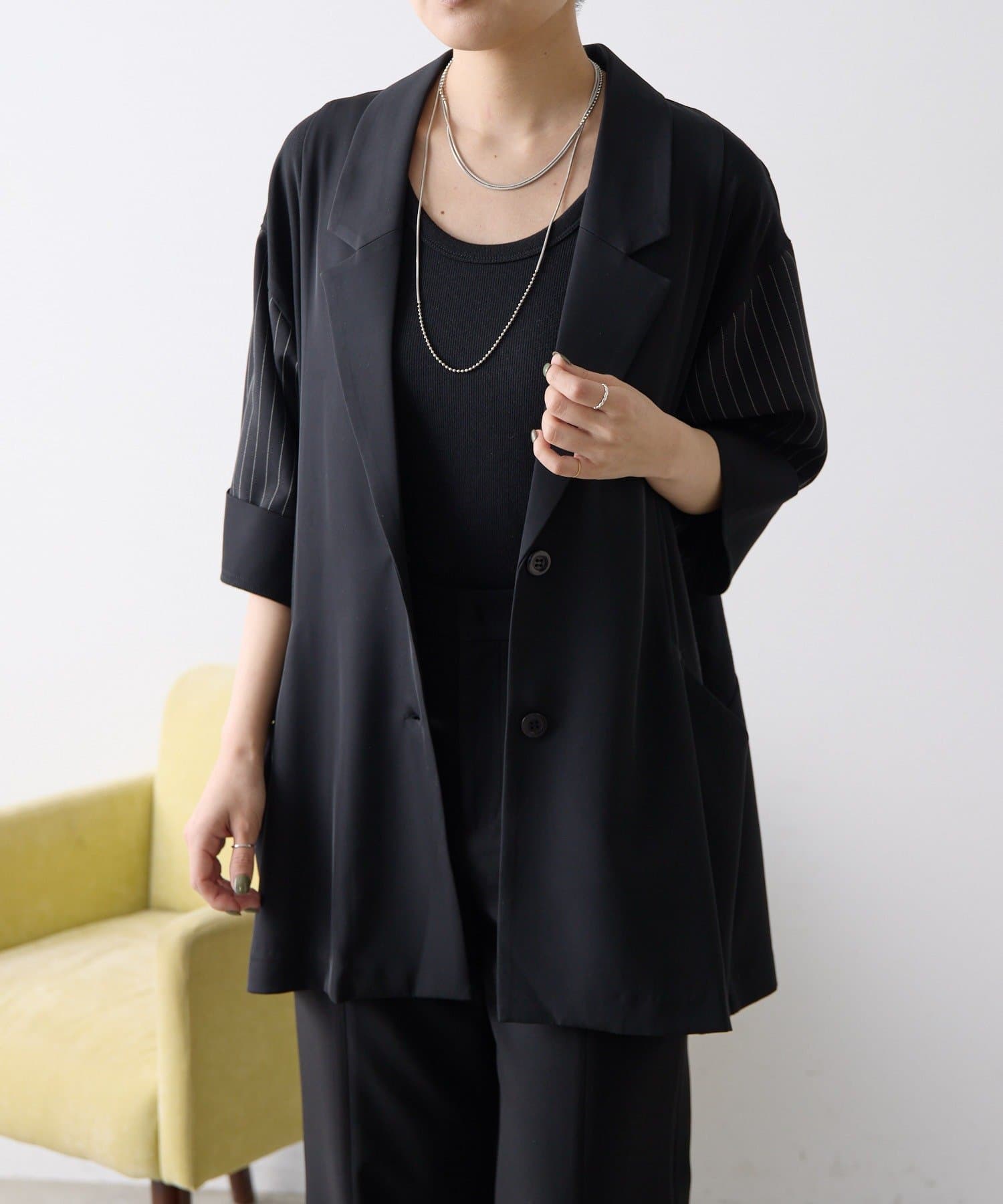 ear PAPILLONNER(イア パピヨネ) 《二の腕＆ヒップカバー/WEB限定カラーあり》切替半袖ジャケット【SUM1 STYLE(スミスタイル)】