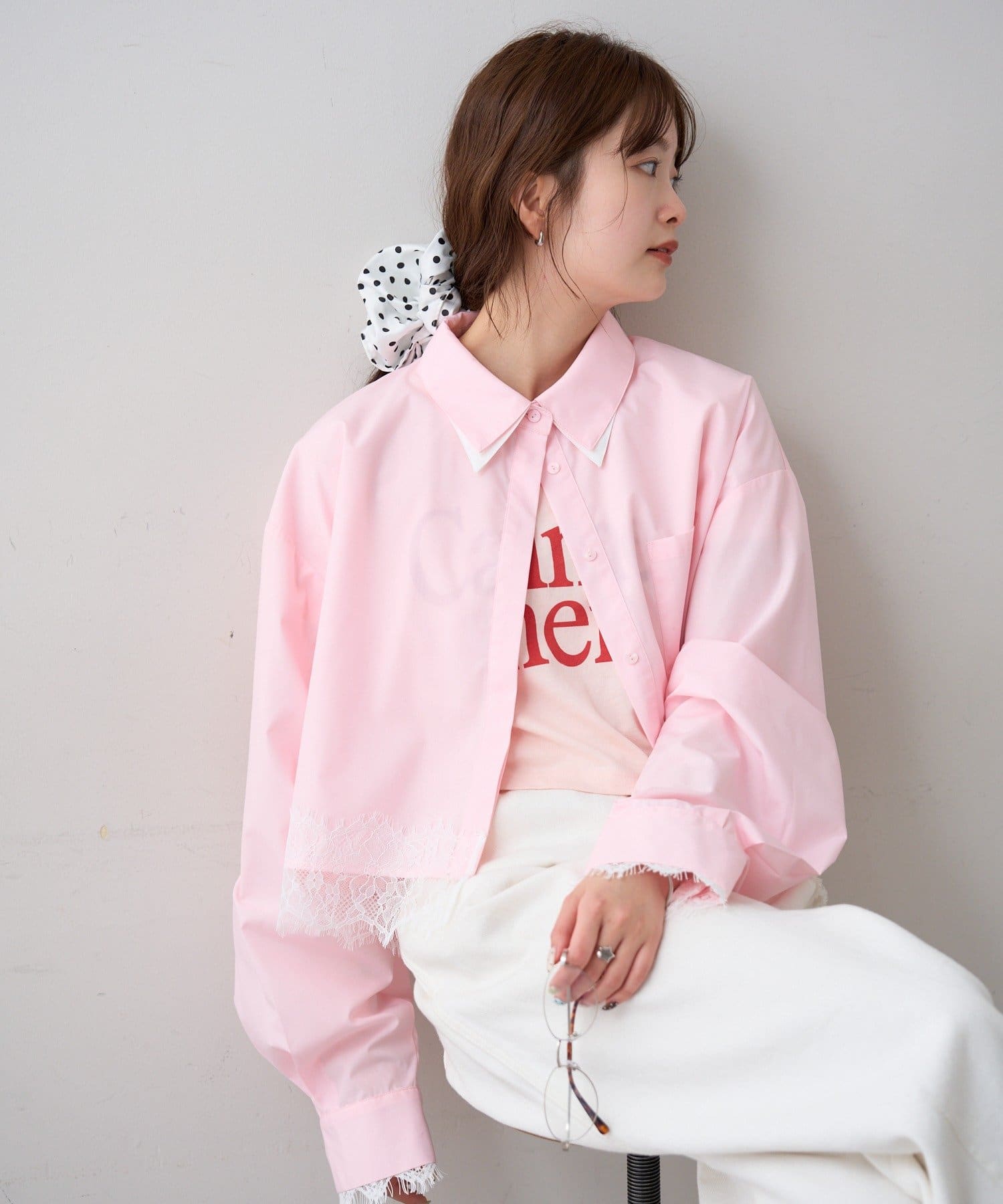 mystic(ミスティック) ストライプ裾レースシャツ