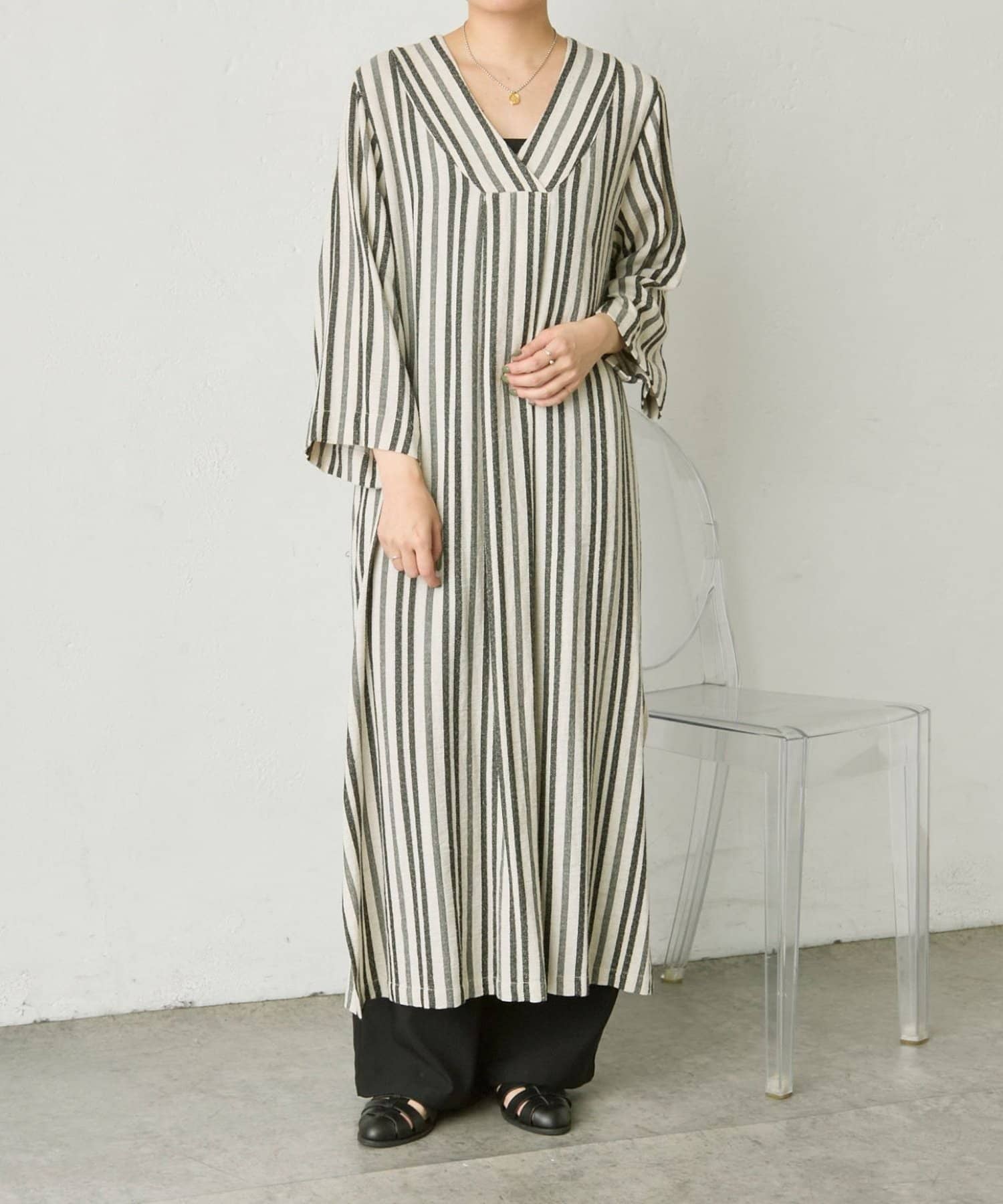 ear PAPILLONNER(イア パピヨネ) 《麻混素材/スリット入り》リネンライクストライプワンピース【SUM1 STYLE(スミスタイル)】