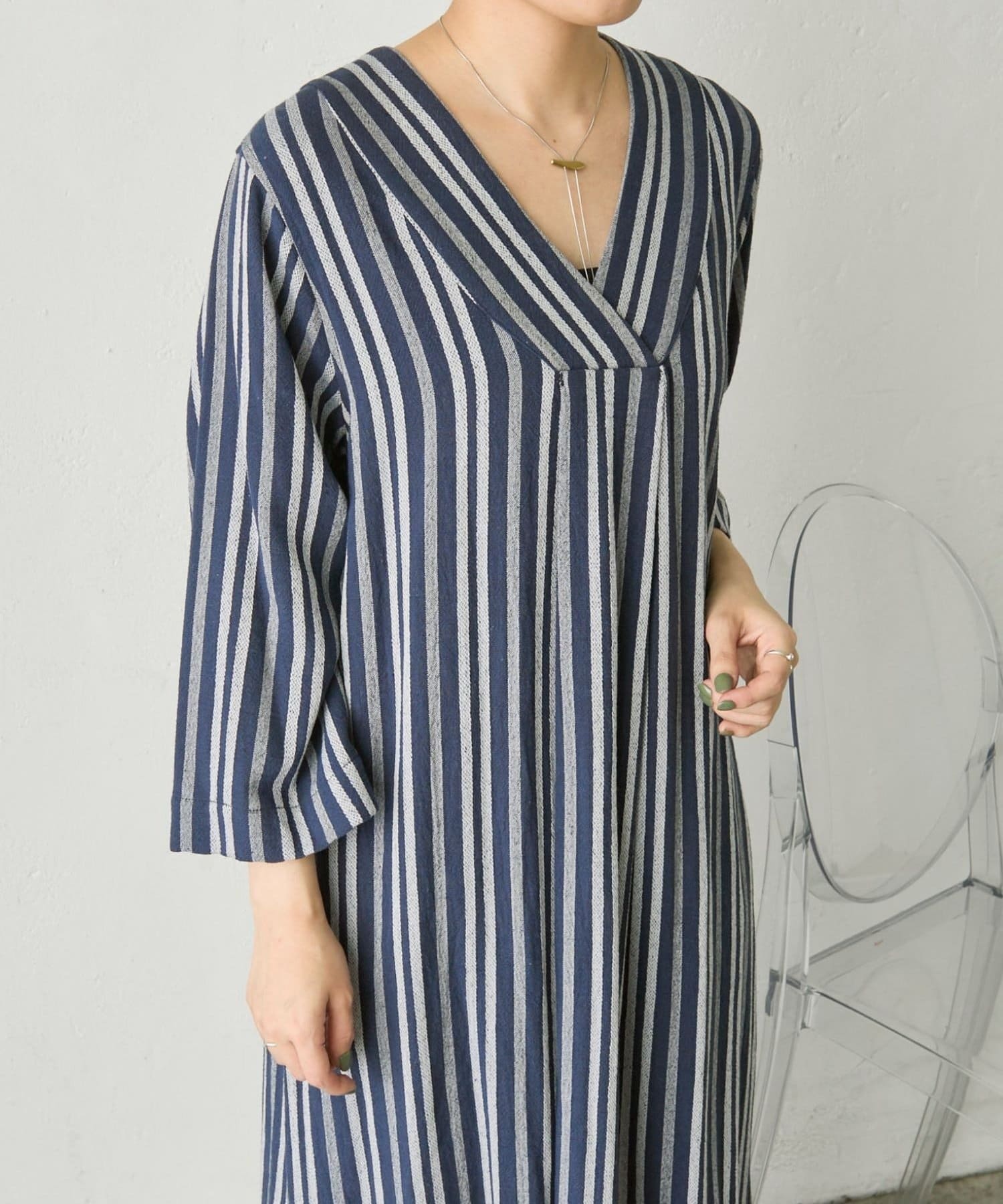 ear PAPILLONNER(イア パピヨネ) 《麻混素材/スリット入り》リネンライクストライプワンピース【SUM1 STYLE(スミスタイル)】