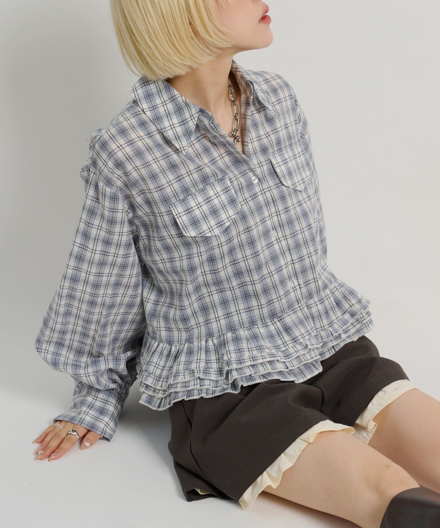 w closet(ダブルクローゼット) 裾フリルチェックシャツ