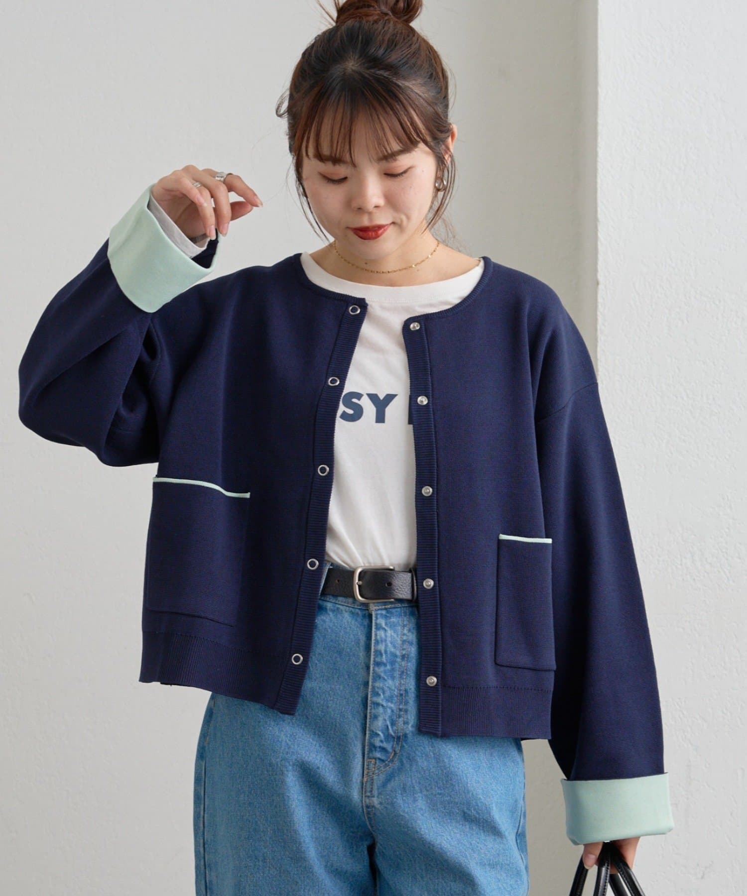 CIAOPANIC TYPY(チャオパニックティピー) 【何役もこなす多機能付き】袖配色ニットスナップカーデ