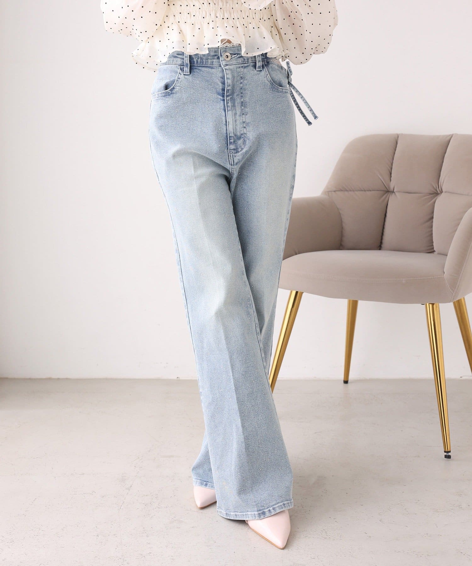 one after another NICE CLAUP(ワンアフターアナザー ナイスクラップ) サイドカットレースフレアデニム