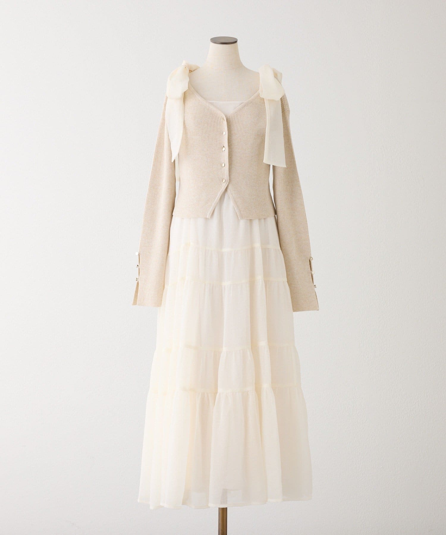 one after another NICE CLAUP(ワンアフターアナザー ナイスクラップ) 【肩リボン取り外し可能】カーディガンセット２枚セットワンピ