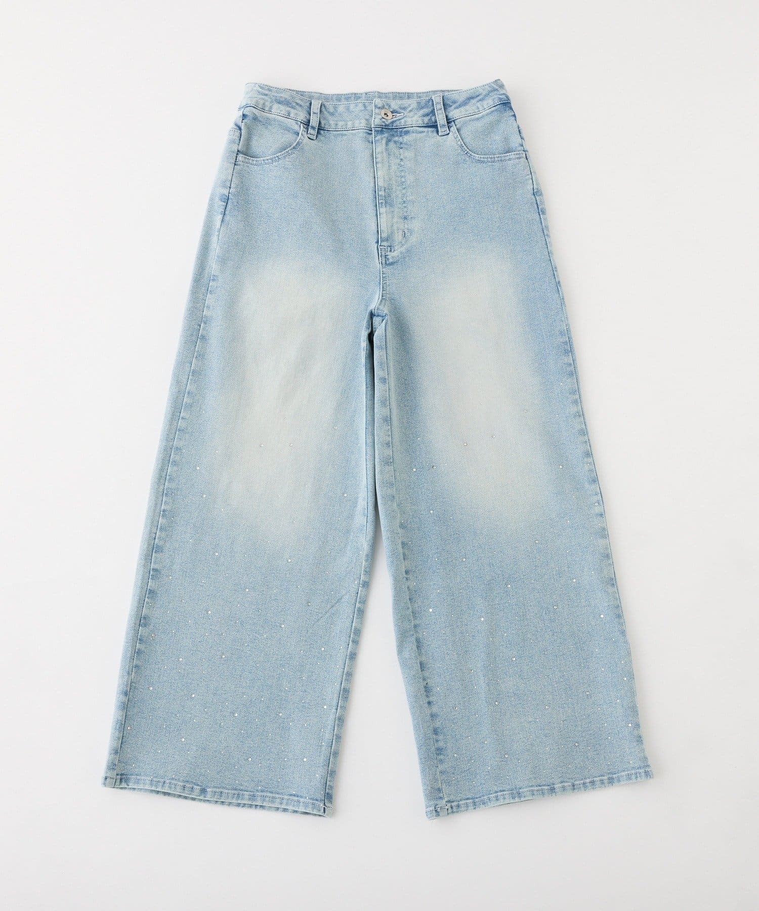 one after another NICE CLAUP(ワンアフターアナザー ナイスクラップ) 【ウェスト調整可能】ビジュー付きワイドデニム