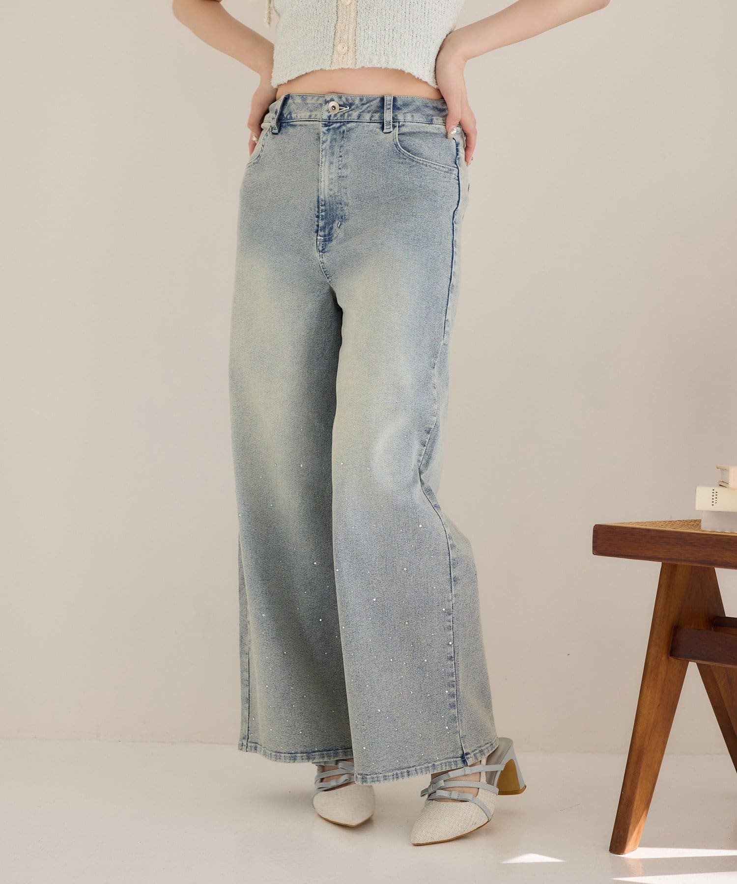 one after another NICE CLAUP(ワンアフターアナザー ナイスクラップ) 【ウェスト調整可能】ビジュー付きワイドデニム