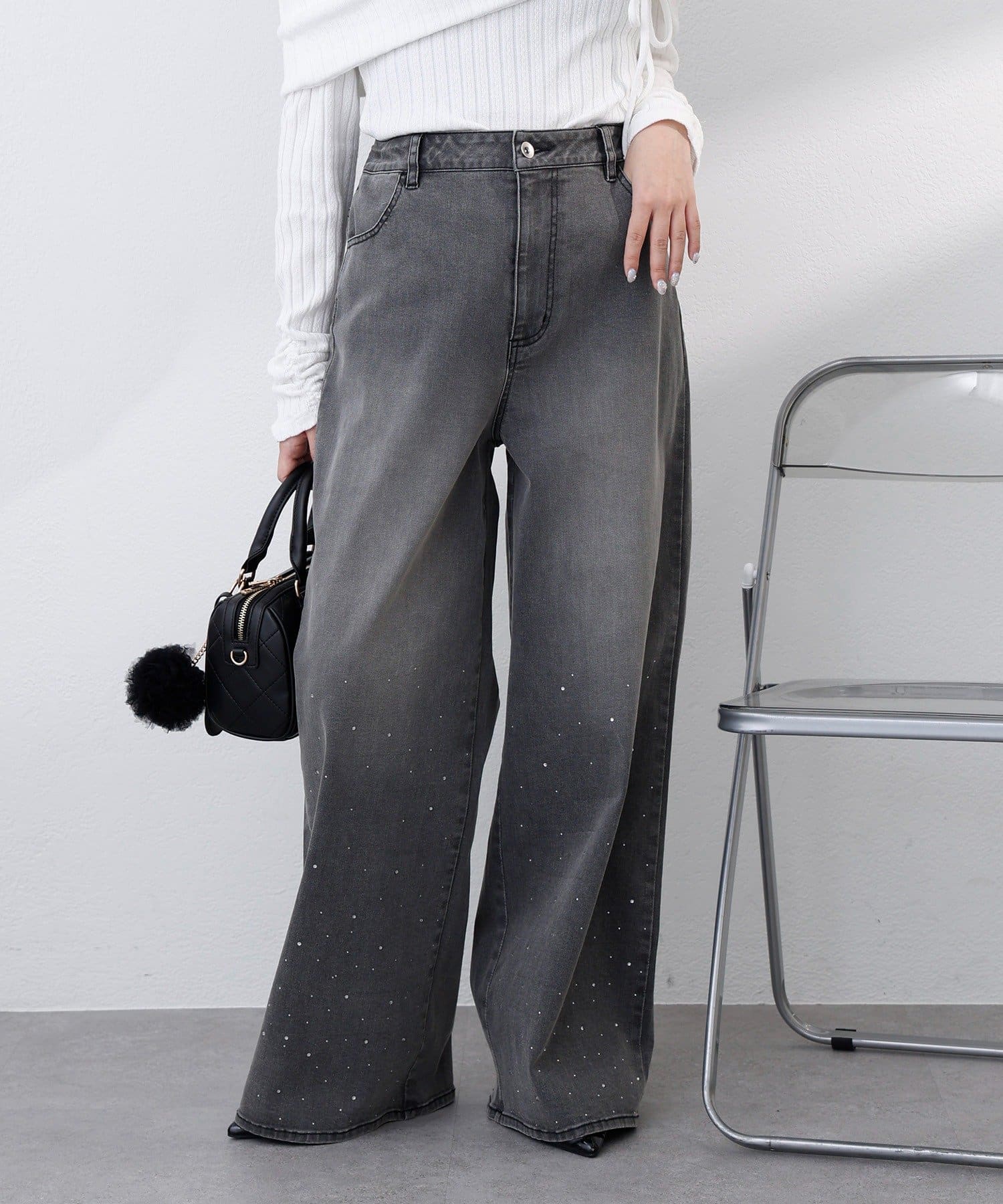 one after another NICE CLAUP(ワンアフターアナザー ナイスクラップ) 【SSサイズあり/ウエスト調整可能】ビジュー付きワイドデニム