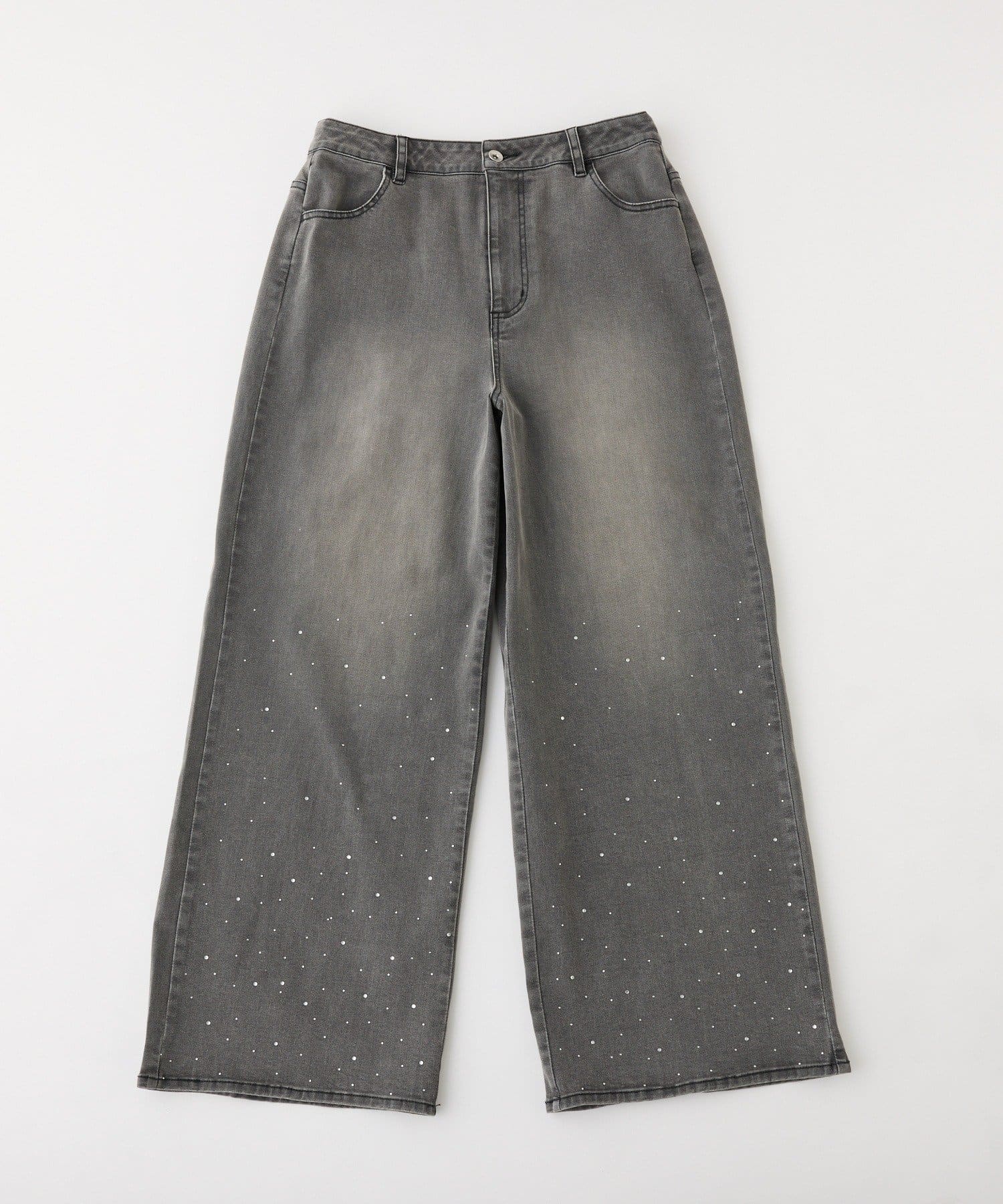 one after another NICE CLAUP(ワンアフターアナザー ナイスクラップ) 【ウェスト調整可能】ビジュー付きワイドデニム