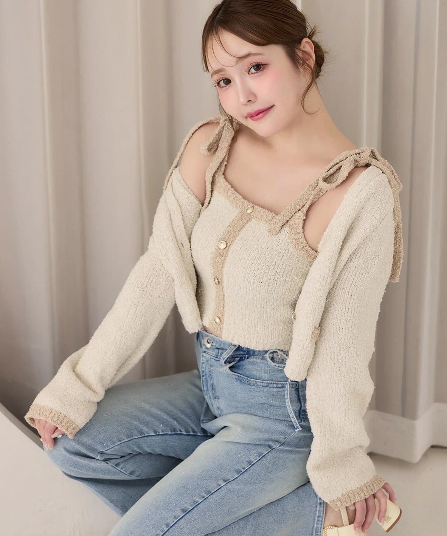 one after another NICE CLAUP(ワンアフターアナザー ナイスクラップ) 【セットアップ可能】金ボタン配色カーディガン