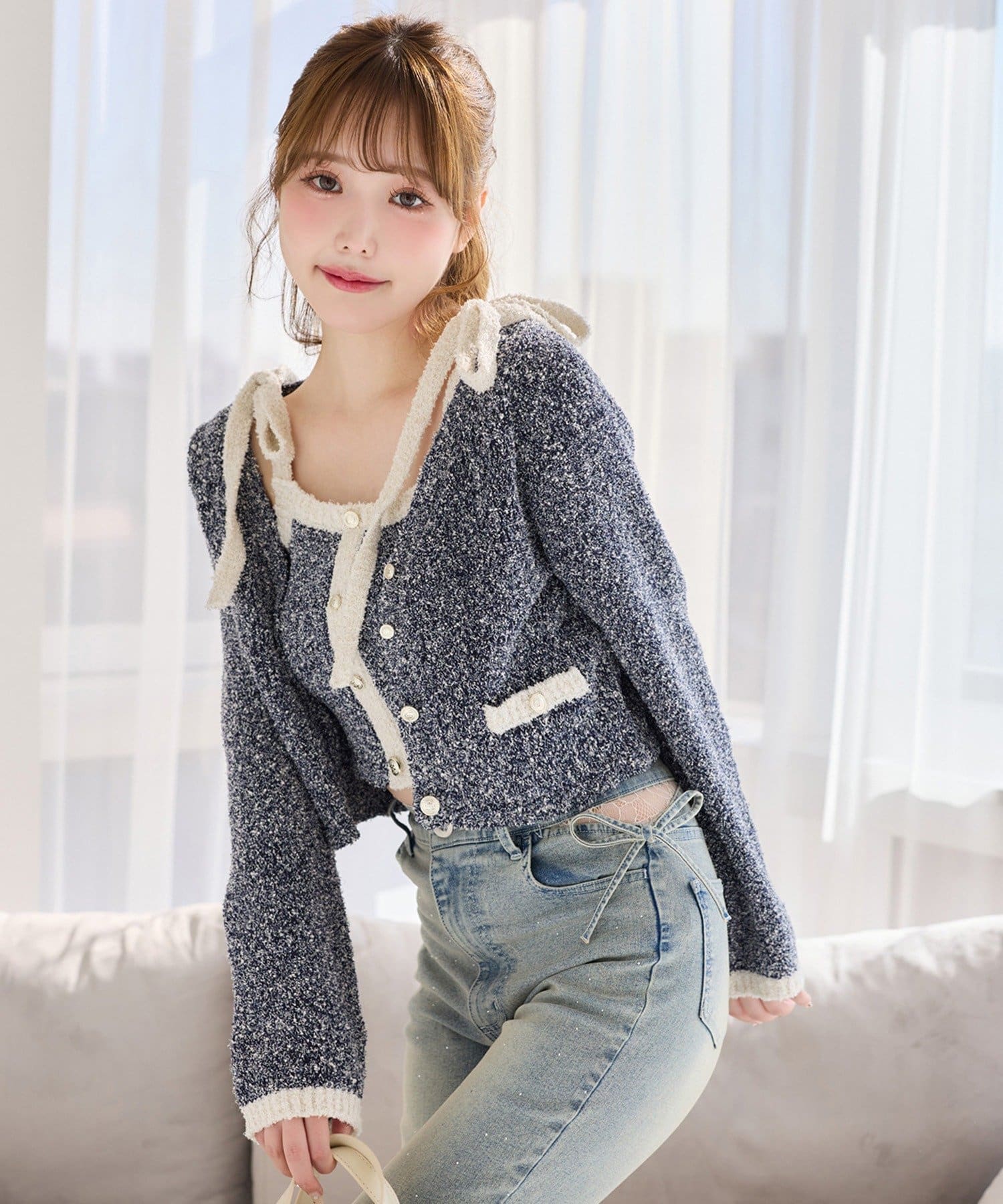 one after another NICE CLAUP(ワンアフターアナザー ナイスクラップ) 【セットアップ可能】金ボタン配色カーディガン