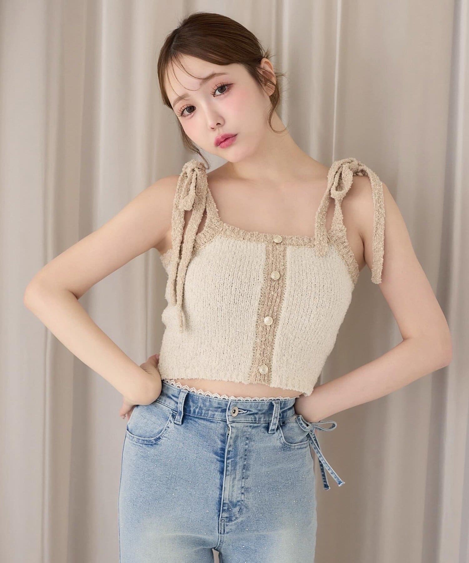 one after another NICE CLAUP(ワンアフターアナザー ナイスクラップ) 【セットアップ可能】肩リボン配色ビスチェ