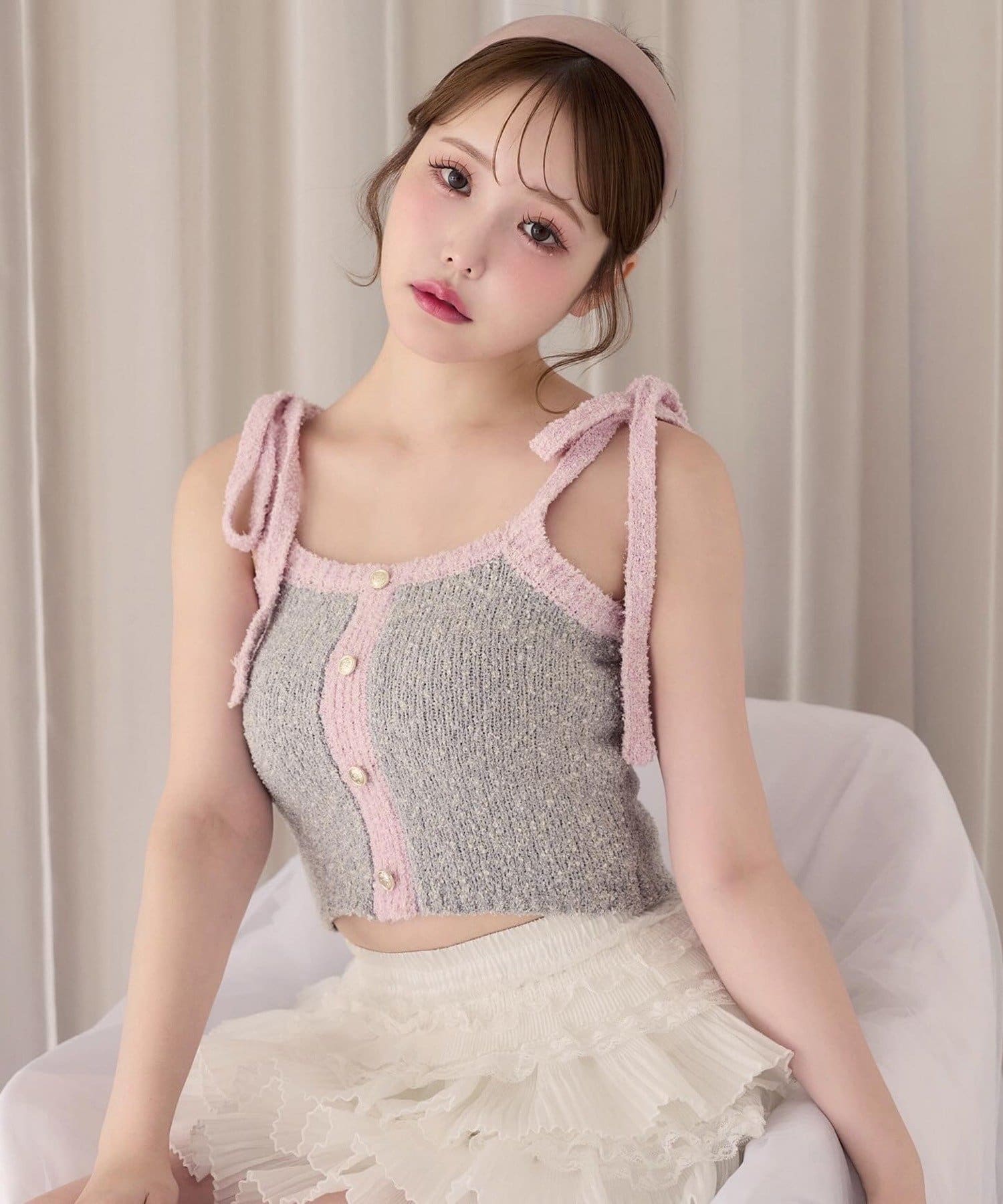 one after another NICE CLAUP(ワンアフターアナザー ナイスクラップ) 【セットアップ可能】肩リボン配色ビスチェ