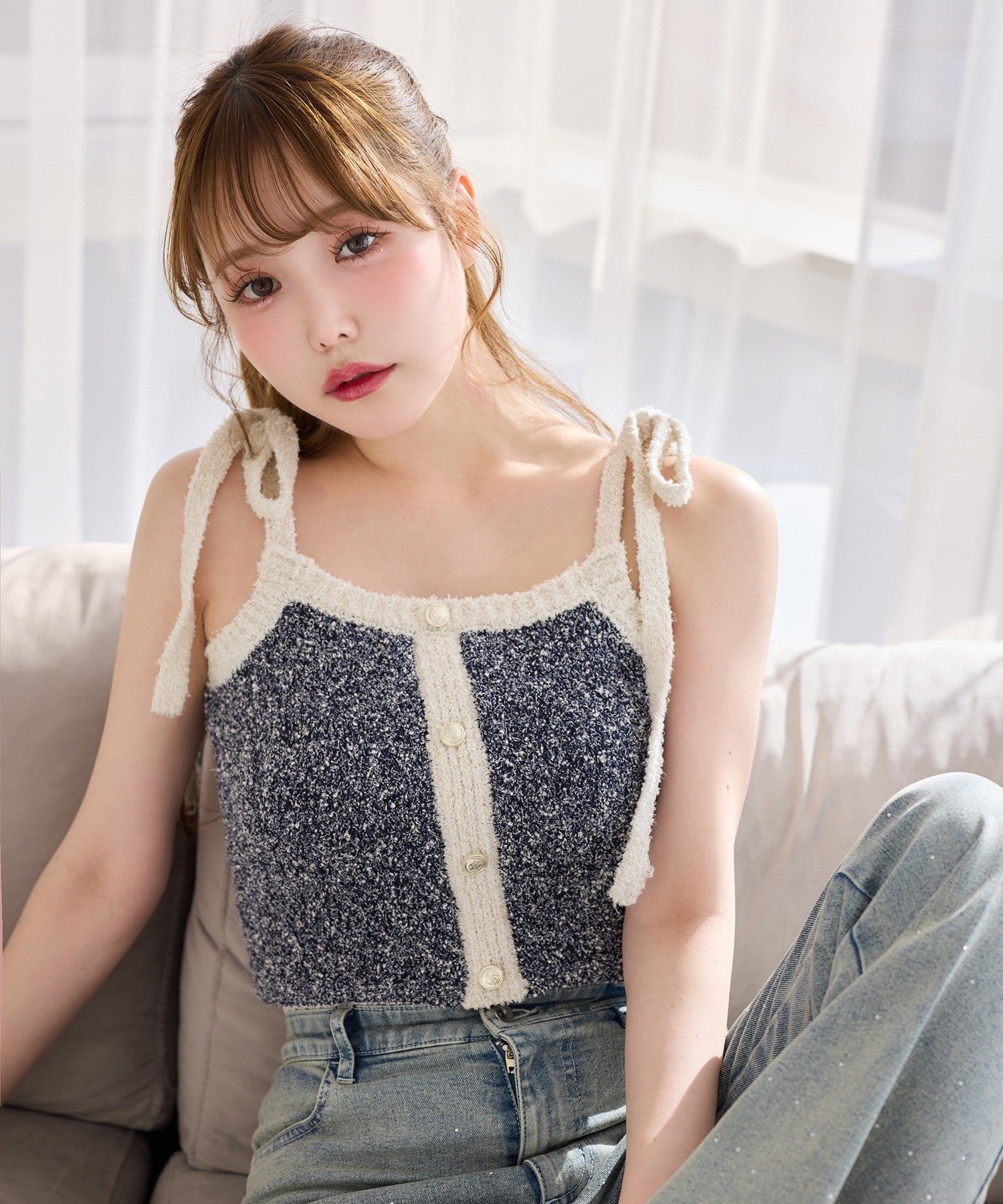 one after another NICE CLAUP(ワンアフターアナザー ナイスクラップ) 【セットアップ可能】肩リボン配色ビスチェ