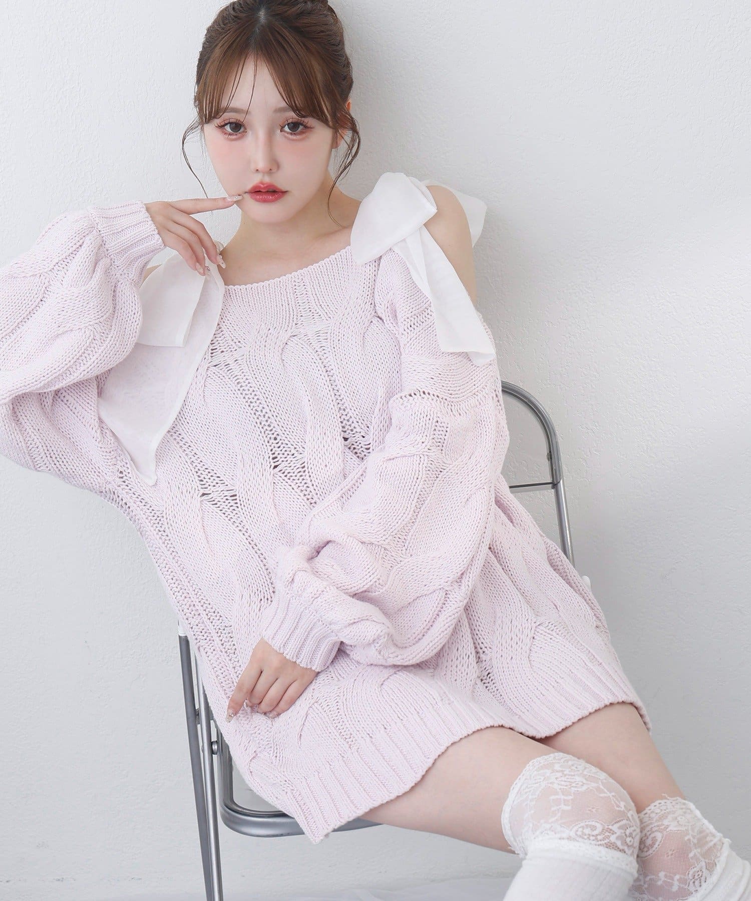 one after another NICE CLAUP(ワンアフターアナザー ナイスクラップ) ミルキーパレットニットミニワンピ／肩リボン取り外し可