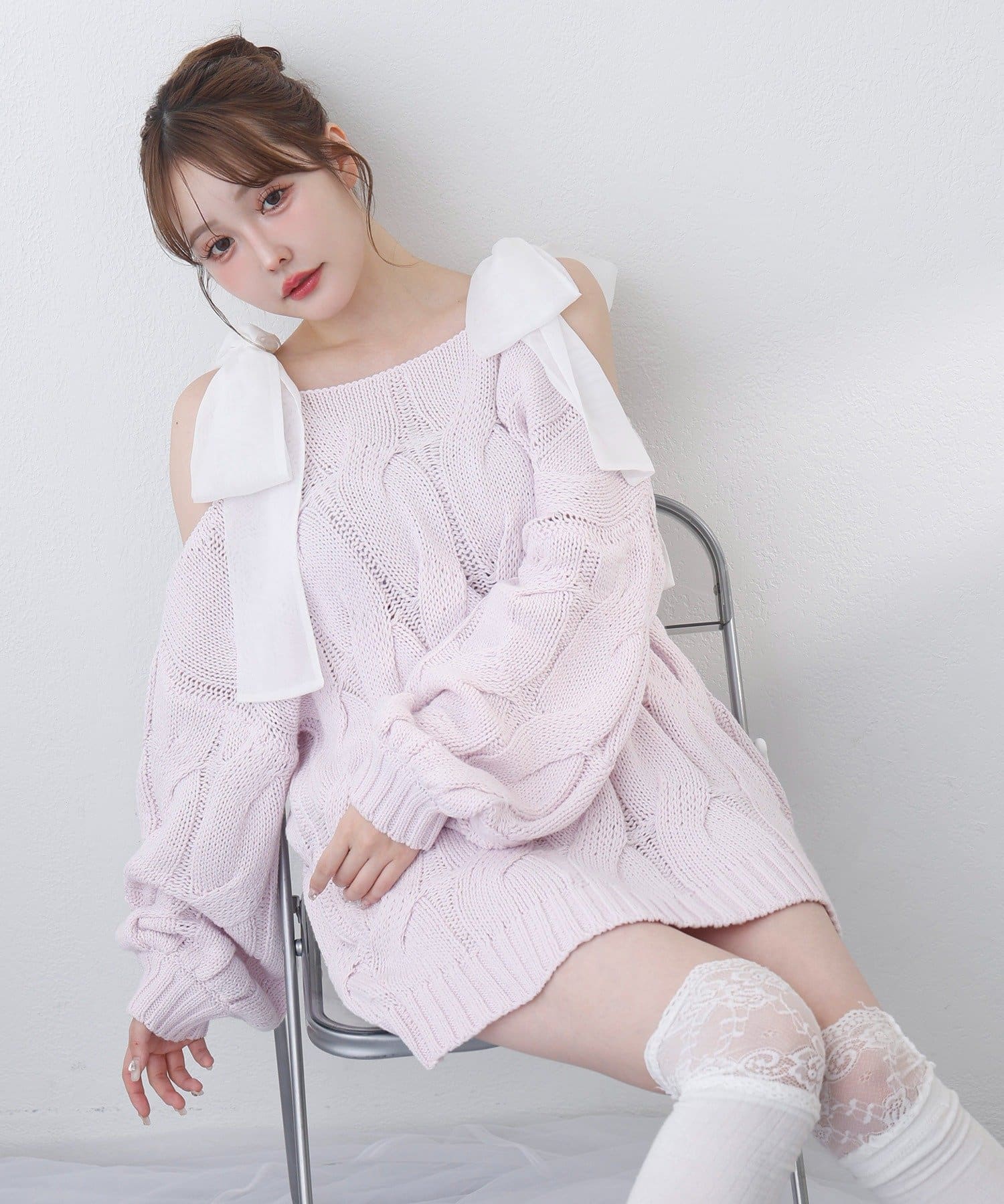 one after another NICE CLAUP(ワンアフターアナザー ナイスクラップ) ミルキーパレットニットミニワンピ／肩リボン取り外し可