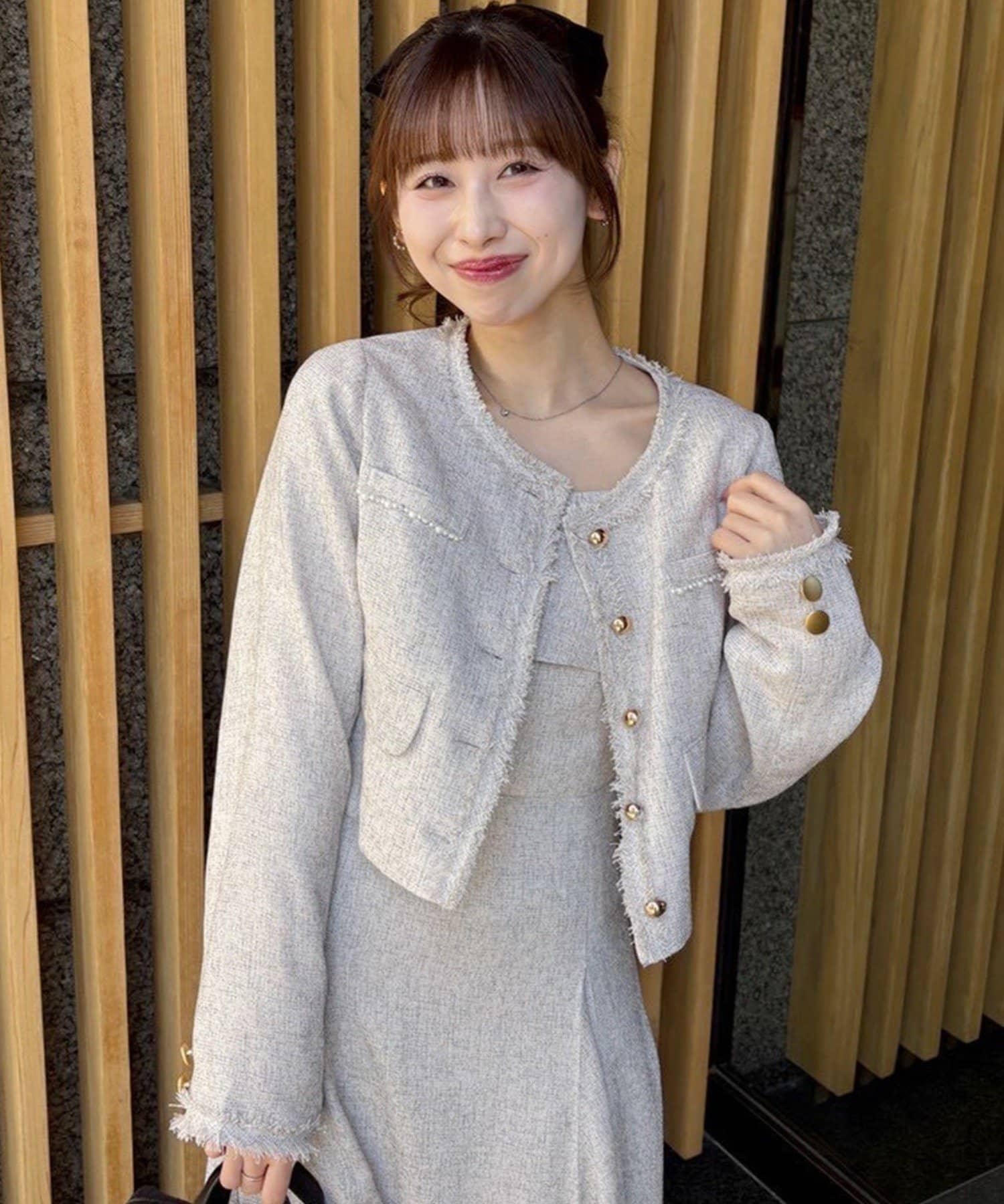 one after another NICE CLAUP(ワンアフターアナザー ナイスクラップ) 【miyabi企画】パール釦ツイードノーカラージャケット