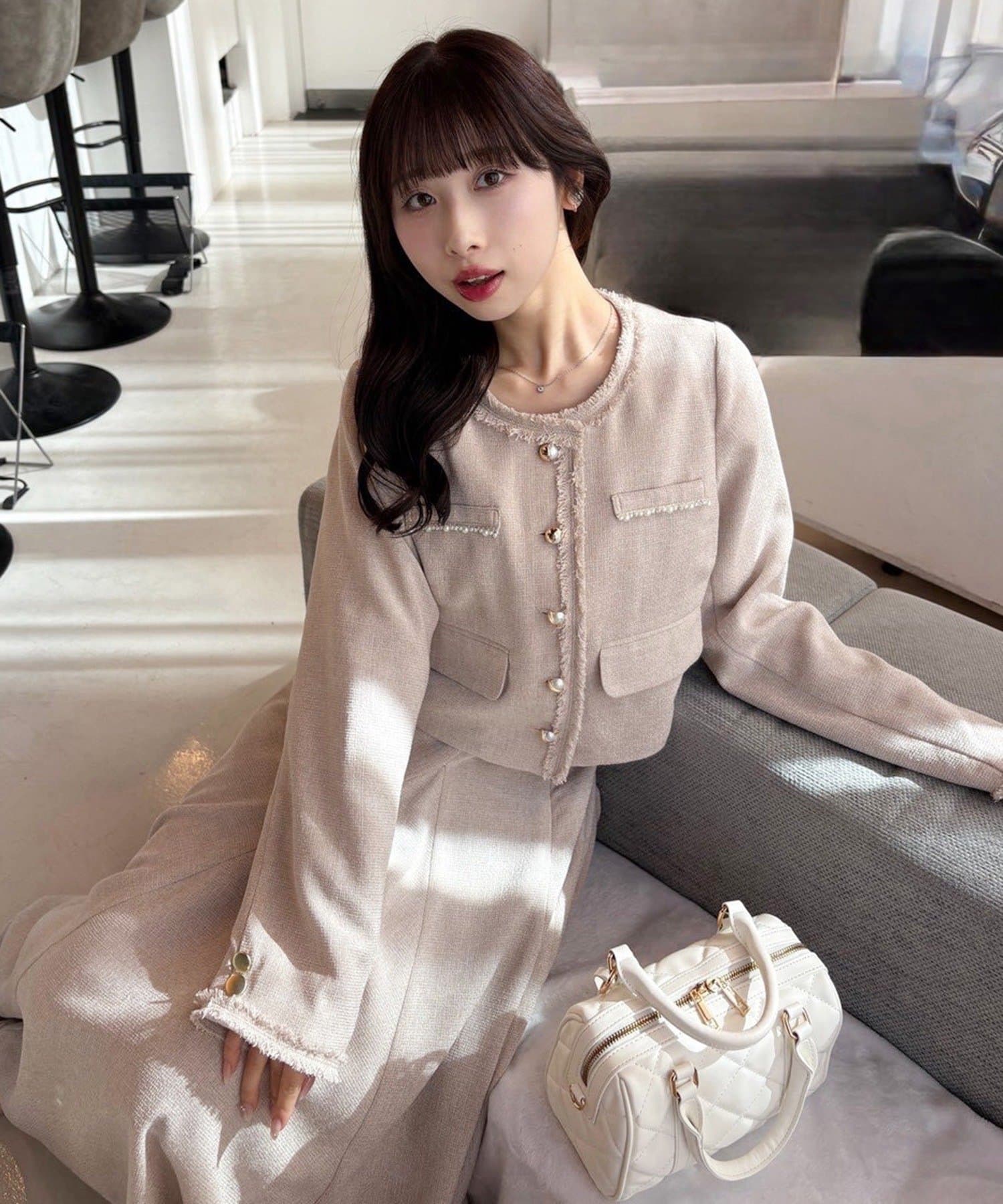 one after another NICE CLAUP(ワンアフターアナザー ナイスクラップ) 【miyabi企画】パール釦ツイードノーカラージャケット