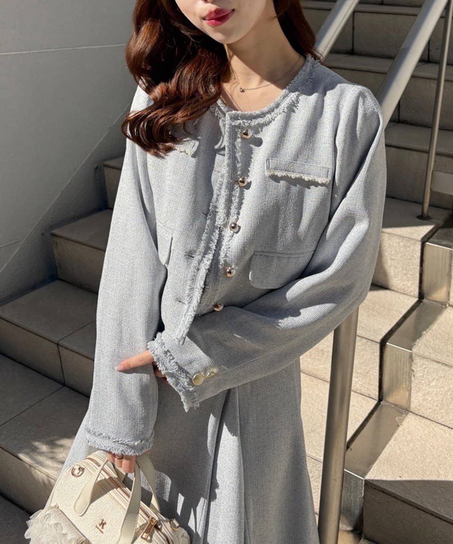 one after another NICE CLAUP(ワンアフターアナザー ナイスクラップ) 【miyabi企画】パール釦ツイードノーカラージャケット