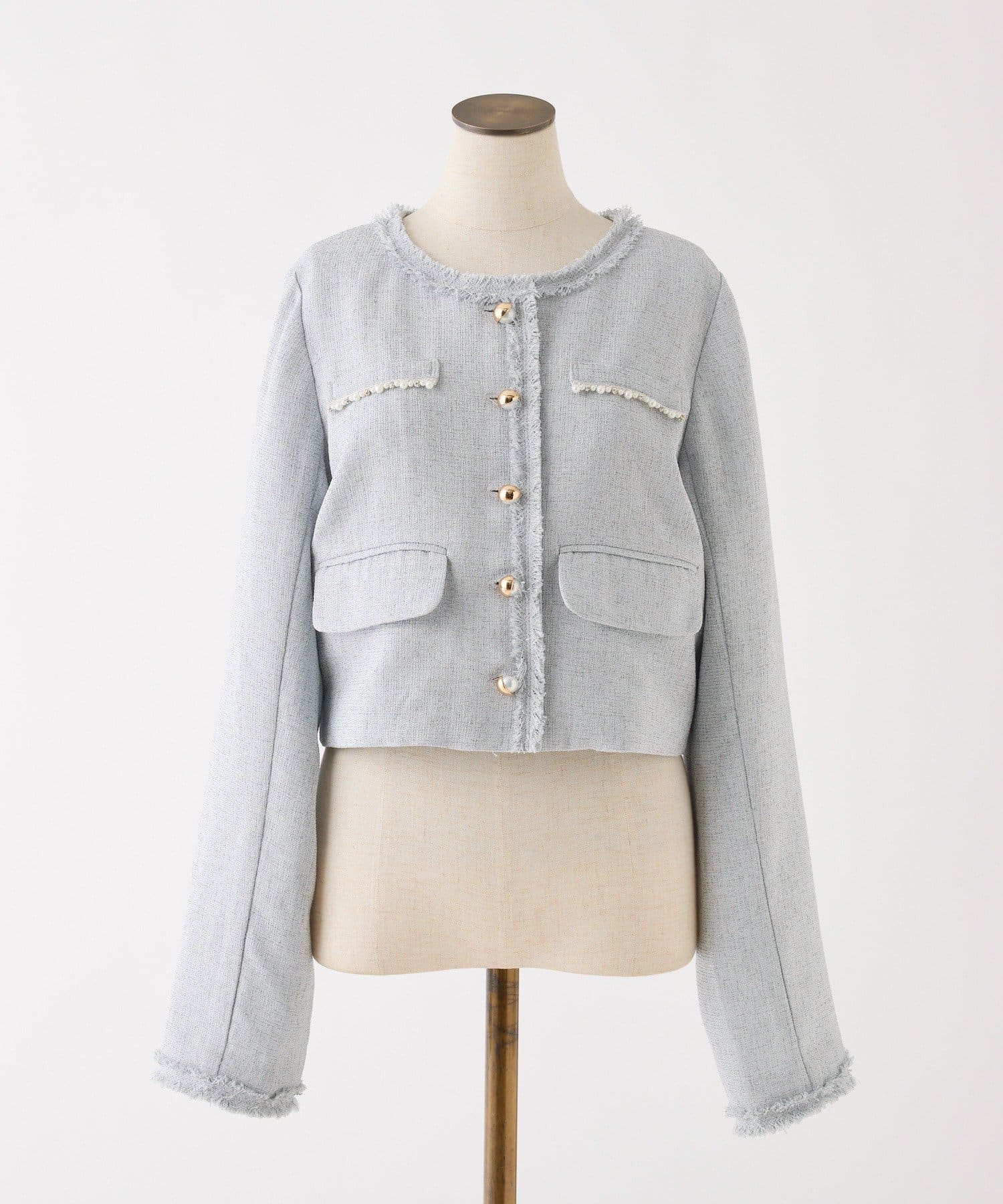 one after another NICE CLAUP(ワンアフターアナザー ナイスクラップ) 【miyabi企画】パール釦ツイードノーカラージャケット