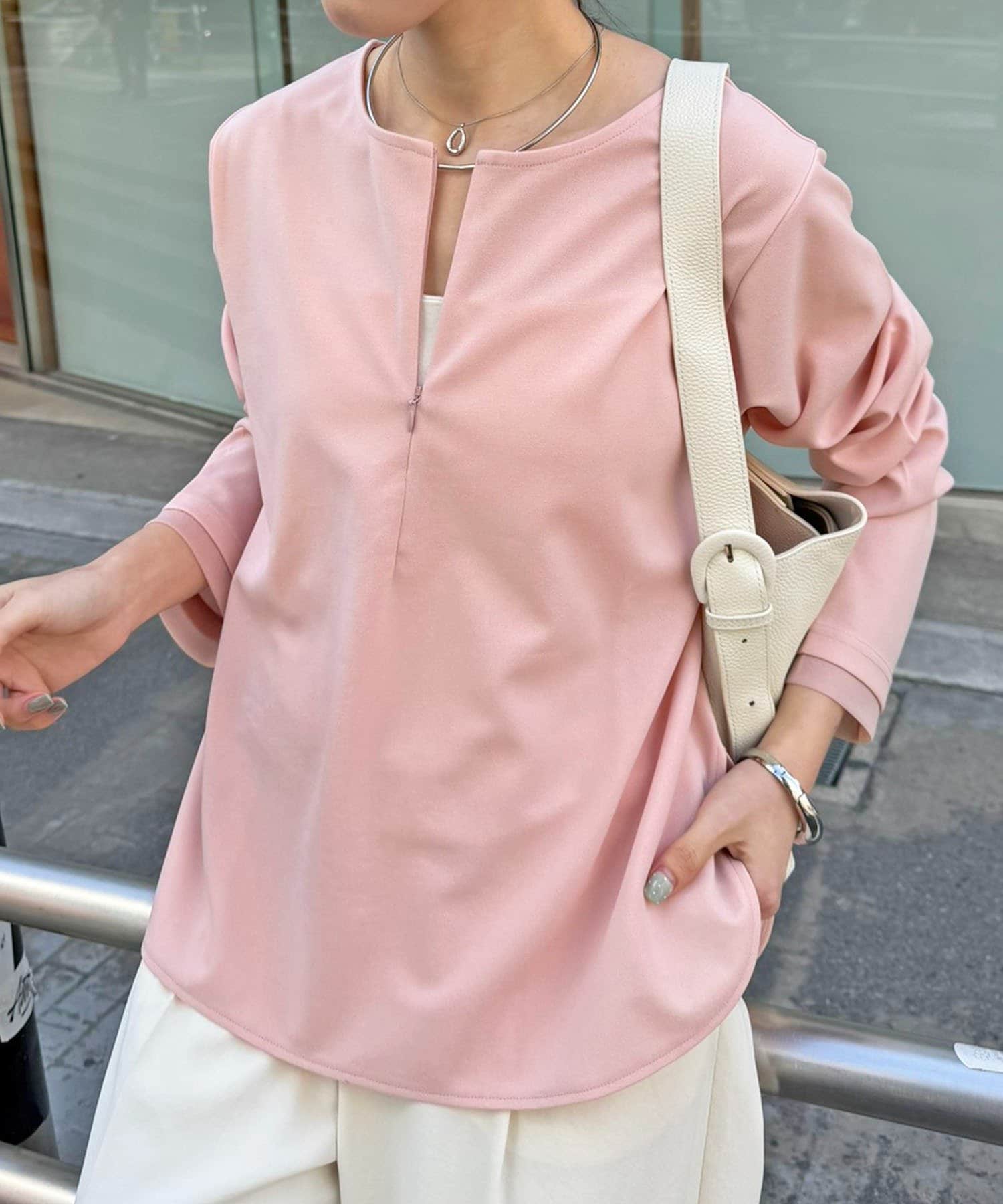 COLLAGE GALLARDAGALANTE(コラージュ ガリャルダガランテ) 【ストレッチ◎ファスナー付き】袖シアー切替ジョーゼットロンT