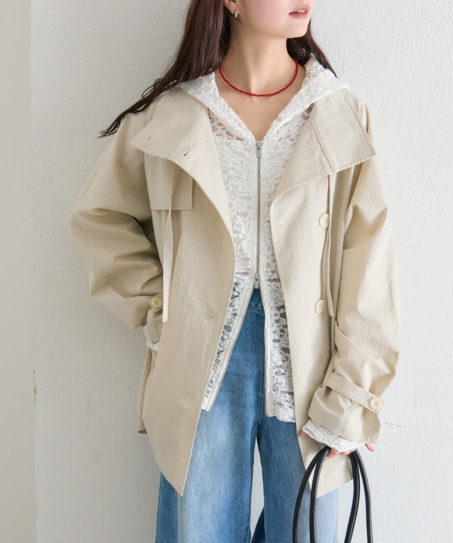 mystic(ミスティック) スタンドカラーミドルトレンチ