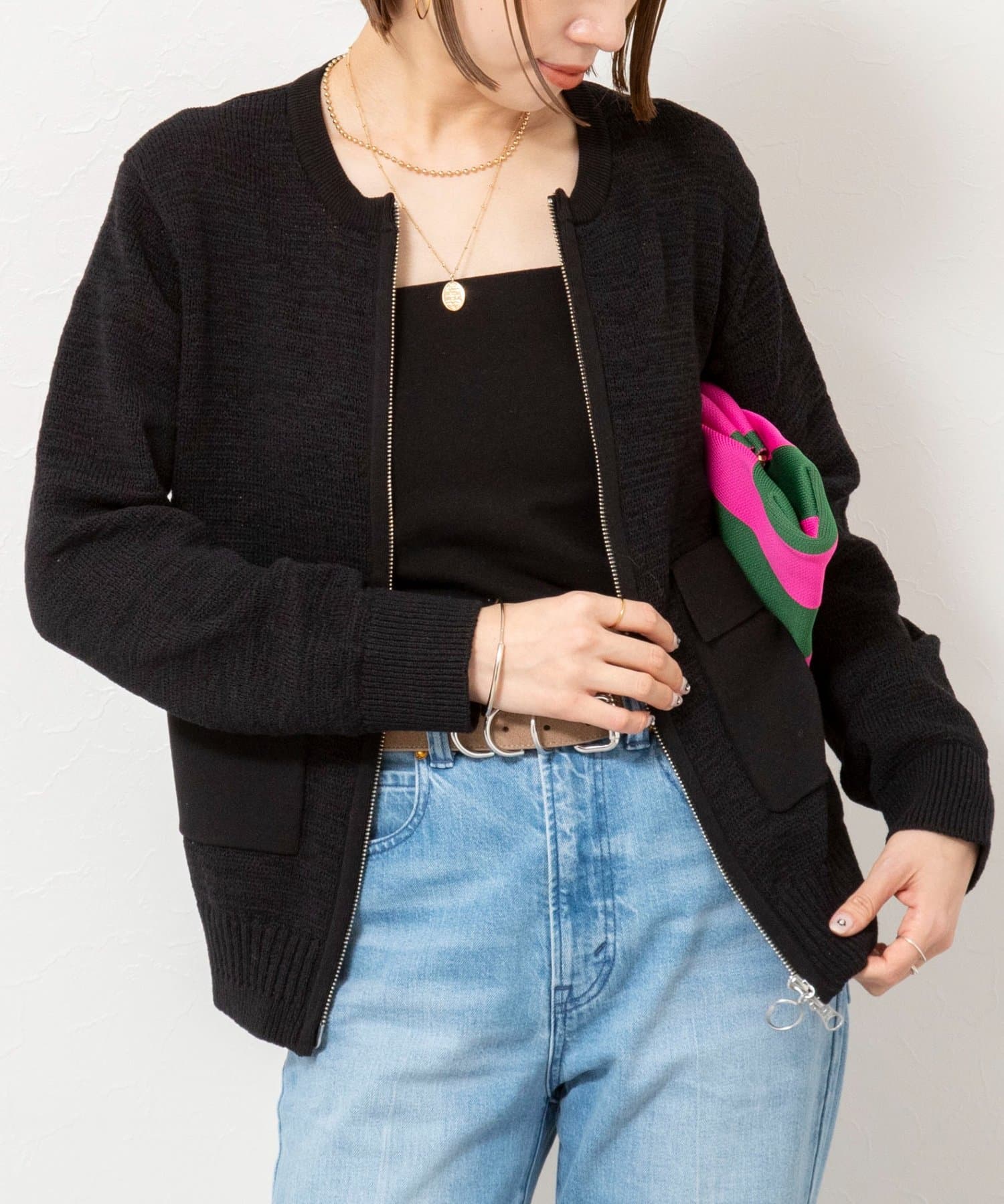 NOLLEY'S(ノーリーズ) 《手洗い可能》テープヤーンZIP UPカーディガン