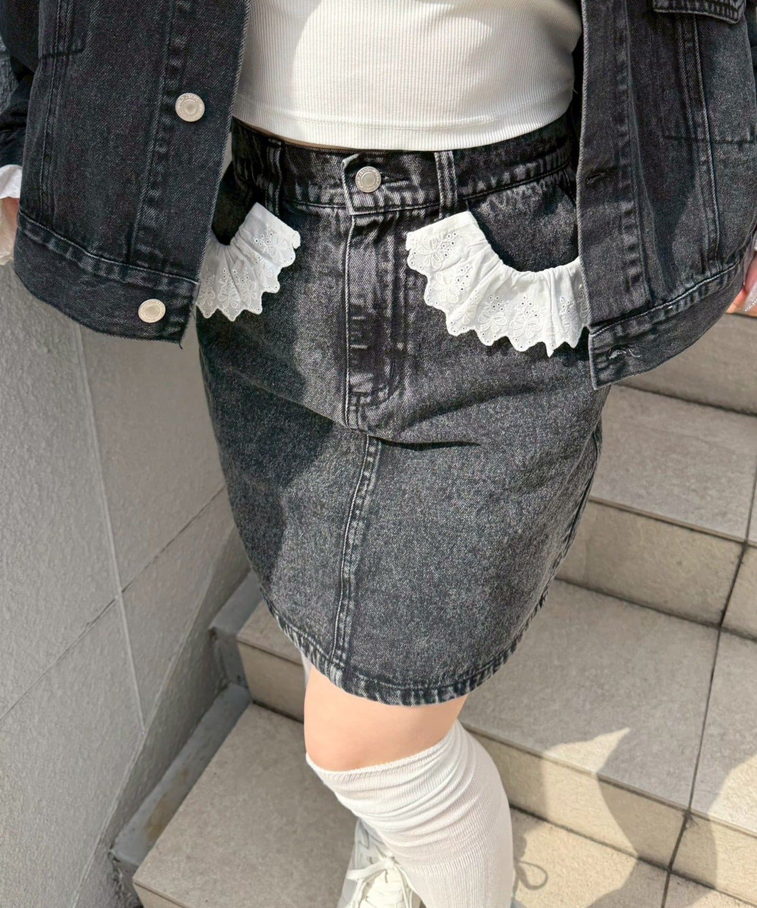 NICE CLAUP / OLIVE des OLIVE OUTLET(ナイスクラップ  / オリーブ デ オリーブ アウトレット) 【RMAF】レース取り外し可能！前ポケットレース台形スカート