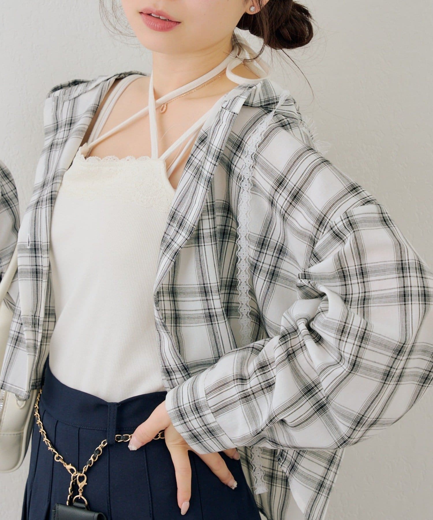 NICE CLAUP / OLIVE des OLIVE OUTLET(ナイスクラップ  / オリーブ デ オリーブ アウトレット) 【RMAF】チェックフードレース付ブラウス