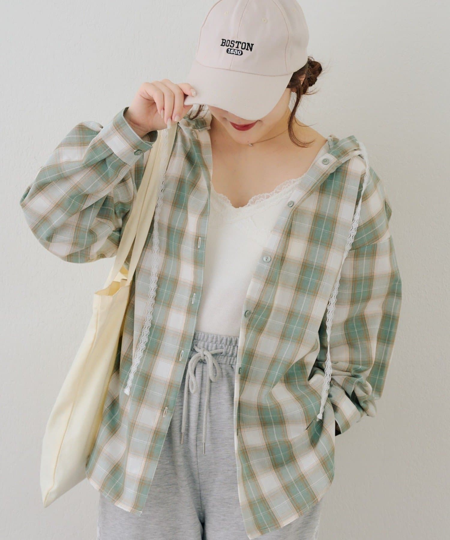 NICE CLAUP / OLIVE des OLIVE OUTLET(ナイスクラップ  / オリーブ デ オリーブ アウトレット) 【RMAF】チェックフードレース付ブラウス