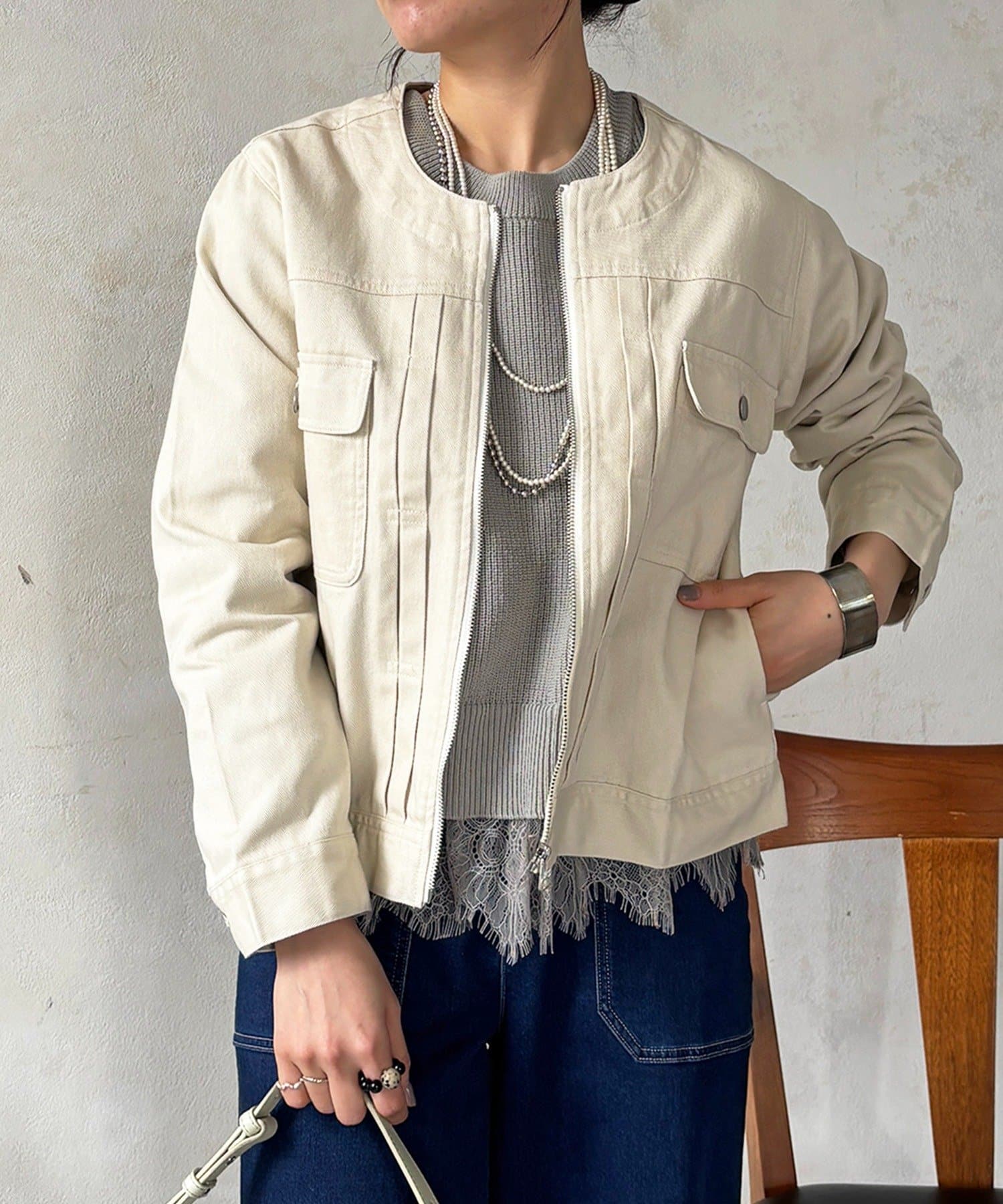 un dix cors(アンディコール) ノーカラージップデニムブルゾン