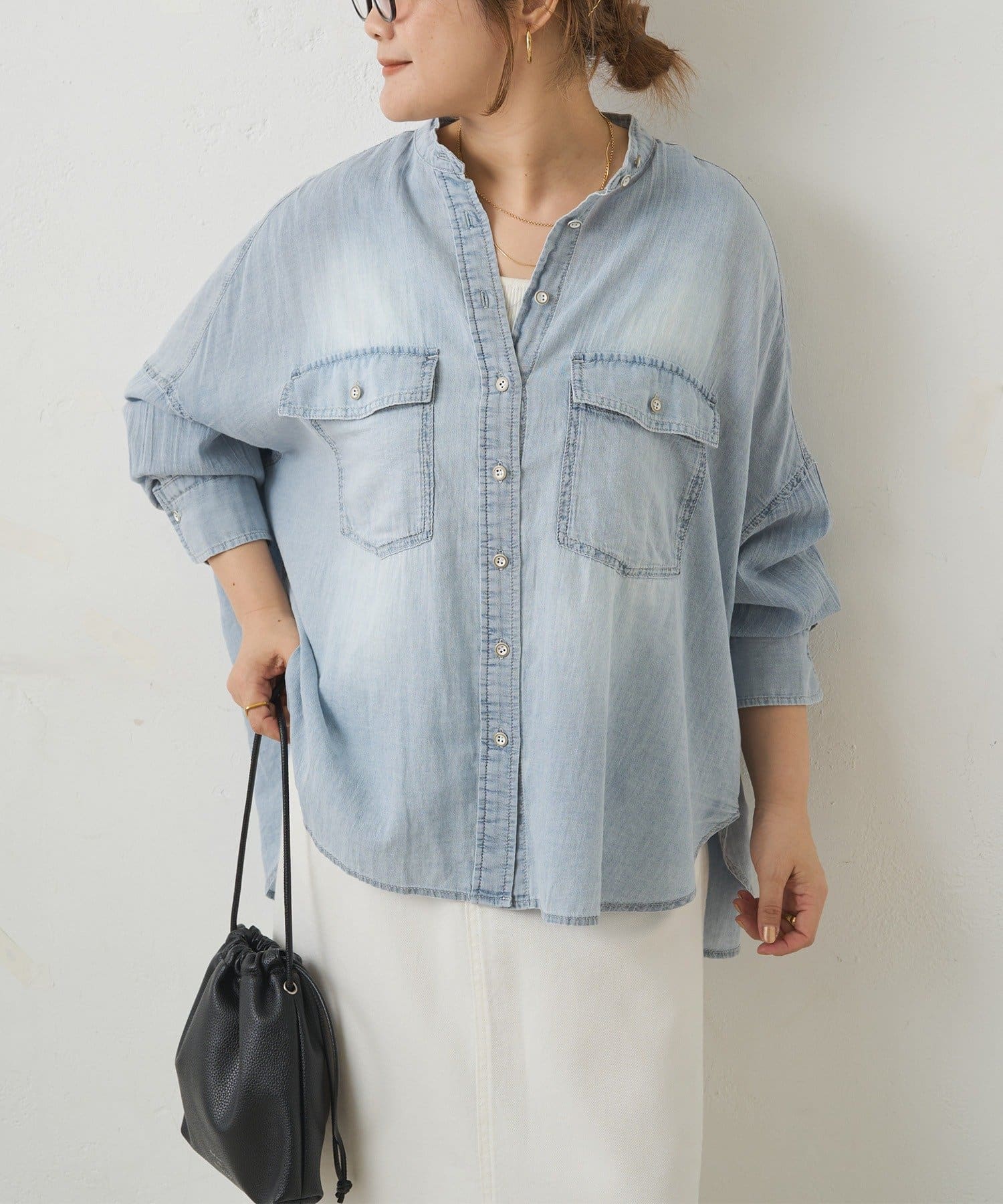 PUAL CE CIN(ピュアルセシン) シアーデニムバンドカラーブラウス