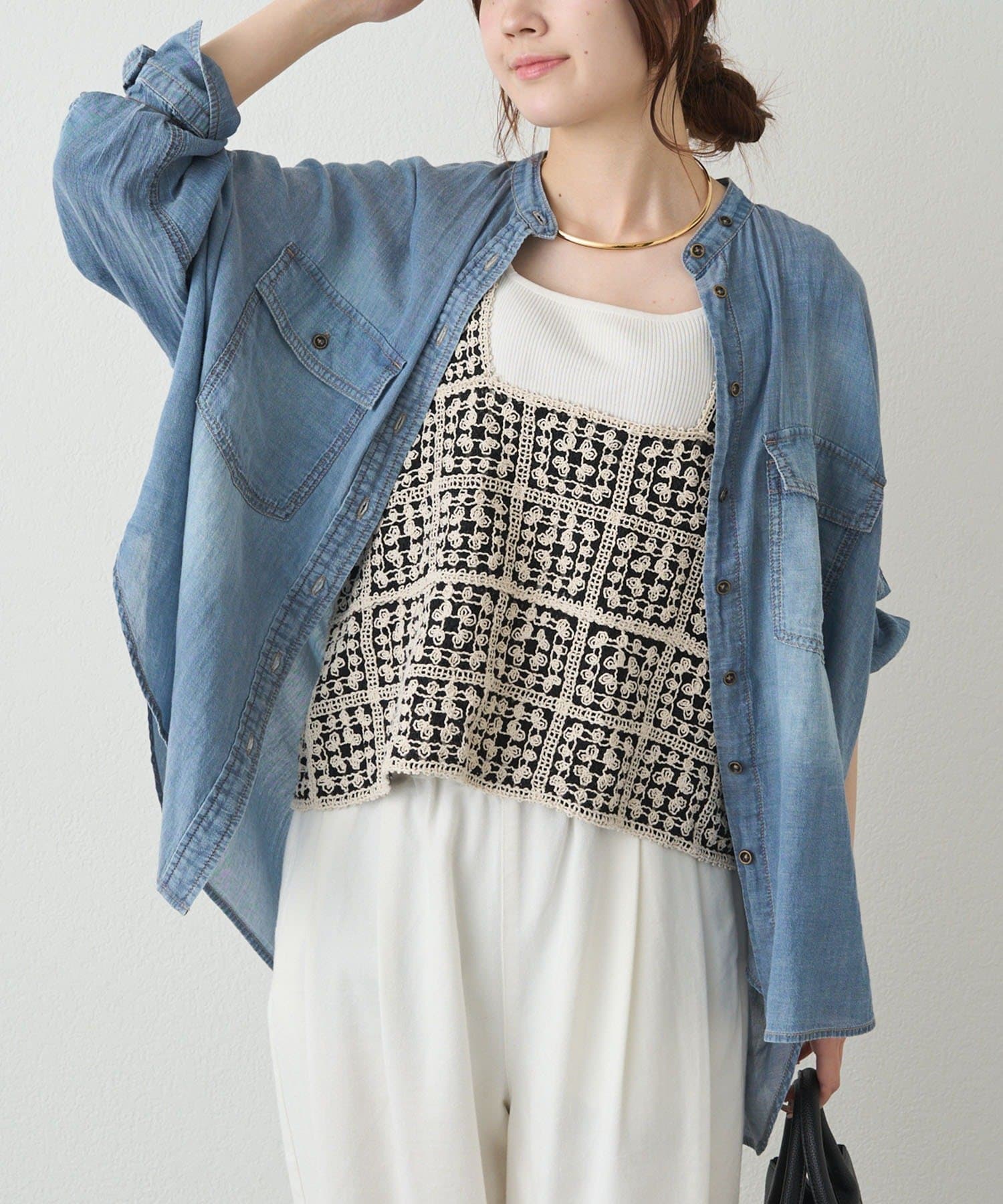 PUAL CE CIN(ピュアルセシン) シアーデニムバンドカラーブラウス