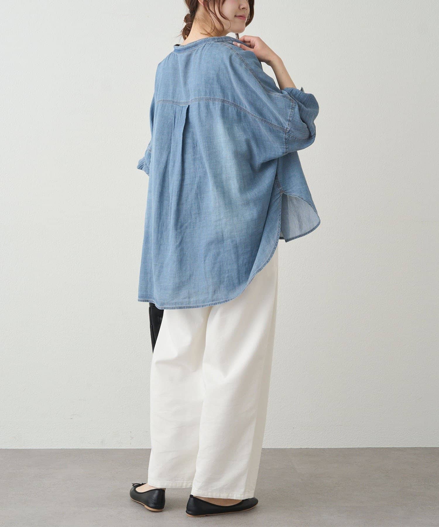 PUAL CE CIN(ピュアルセシン) シアーデニムバンドカラーブラウス