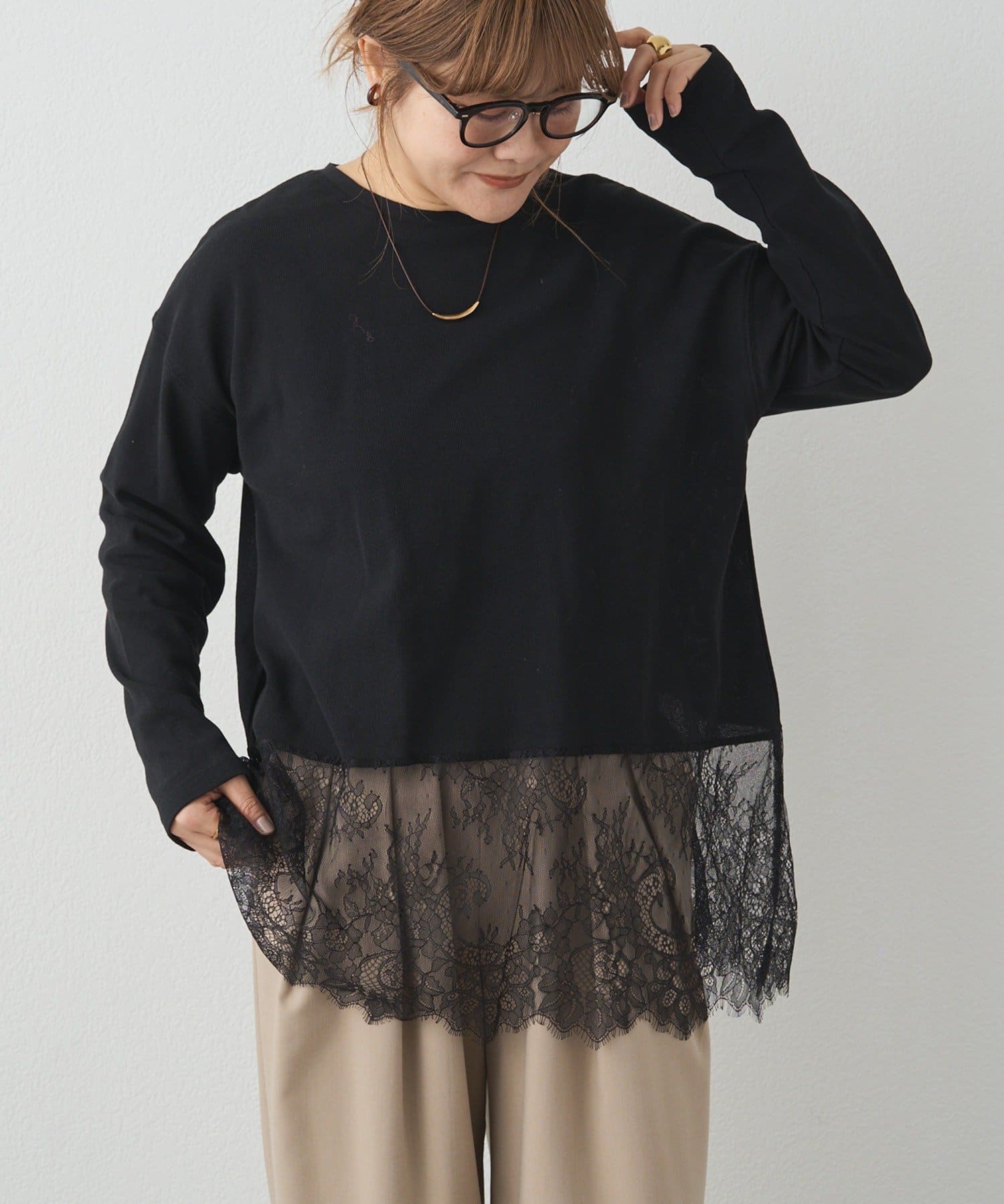 PUAL CE CIN(ピュアルセシン) レースヘムシアーワッフルカットソー