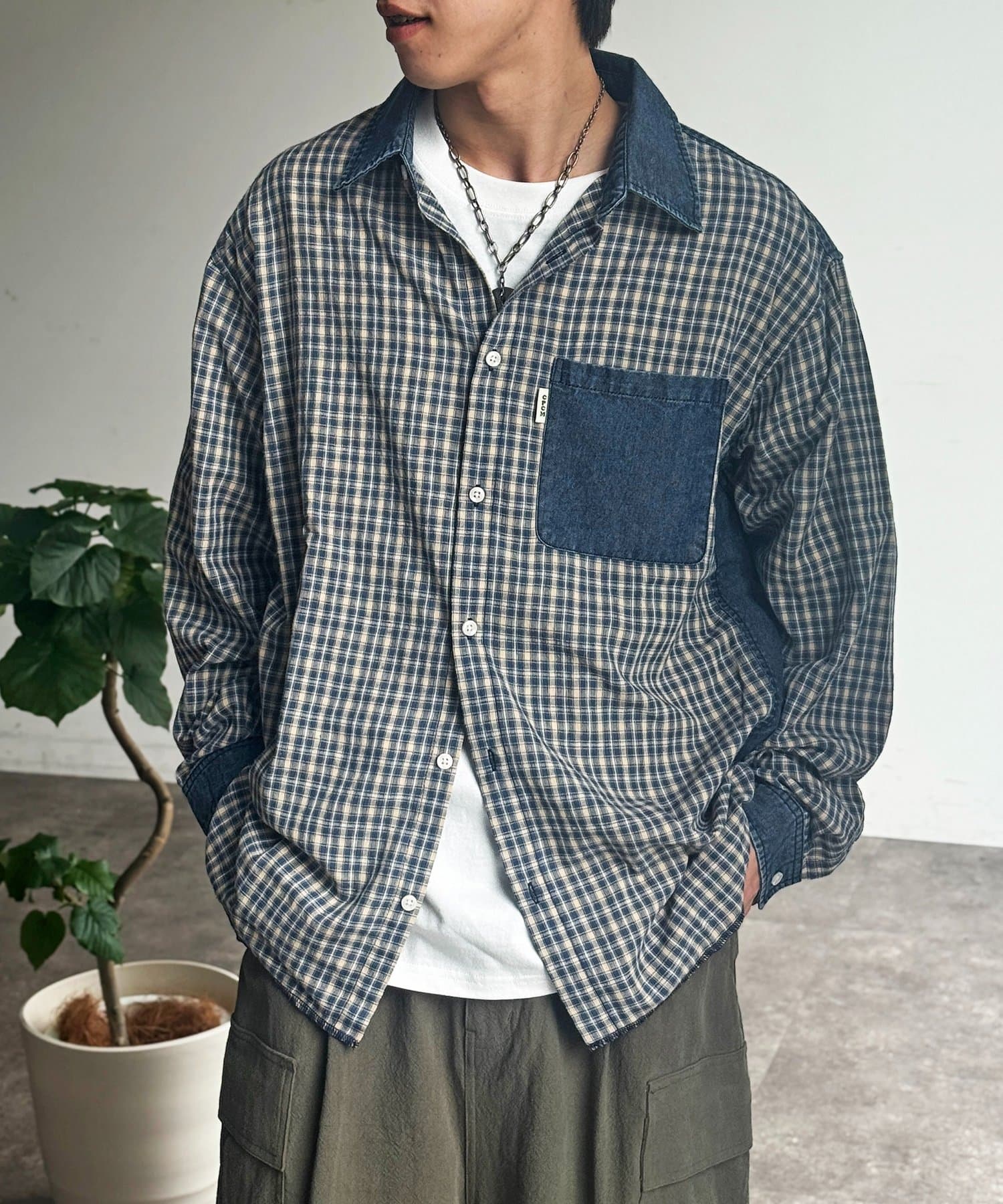 CPCM(シーピーシーエム) デニム切替チェックシャツ