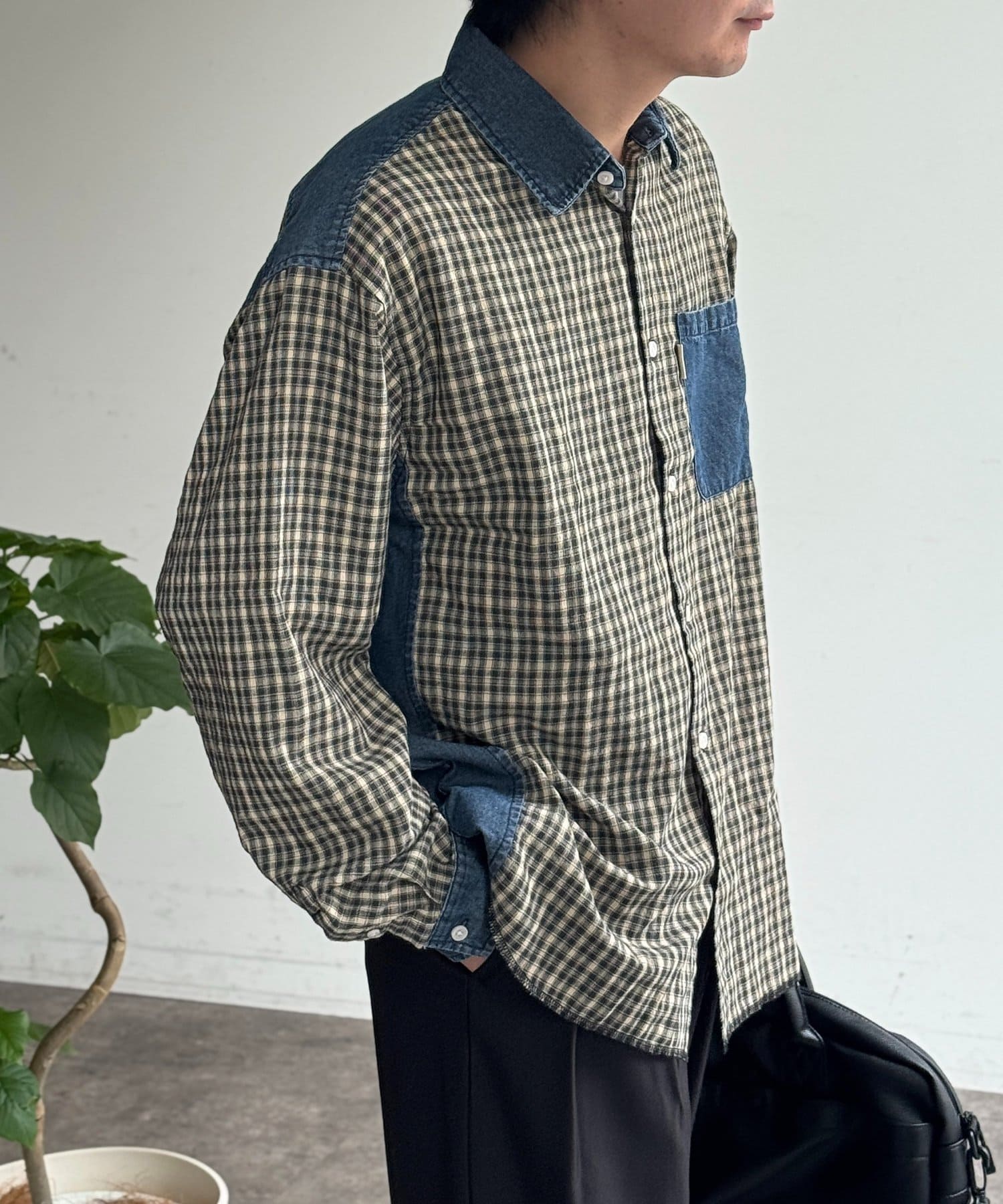 CPCM(シーピーシーエム) デニム切替チェックシャツ