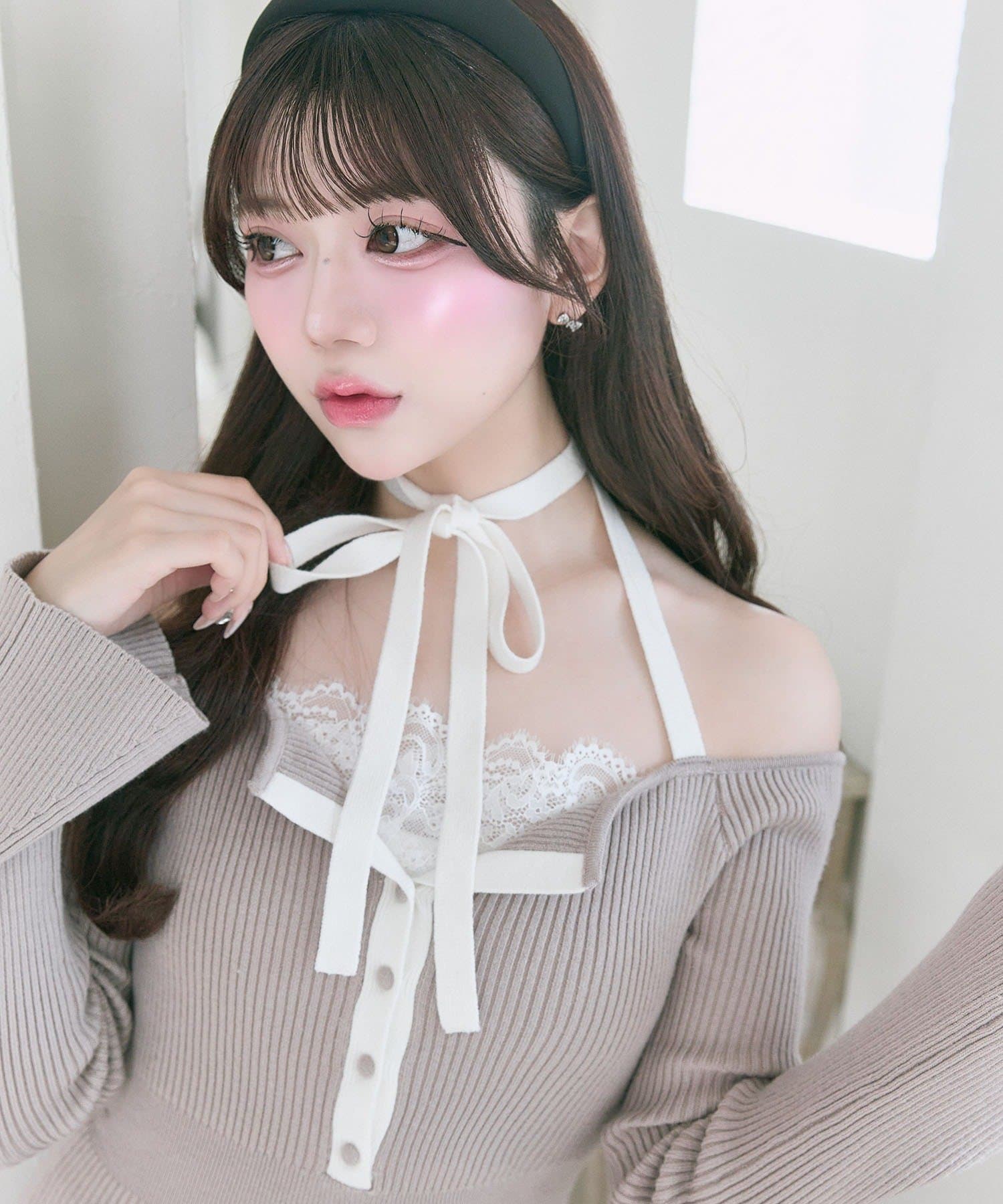 Belle Charme(ベルシャルム) Neck Ribbon Mermaid Knit Onepiece