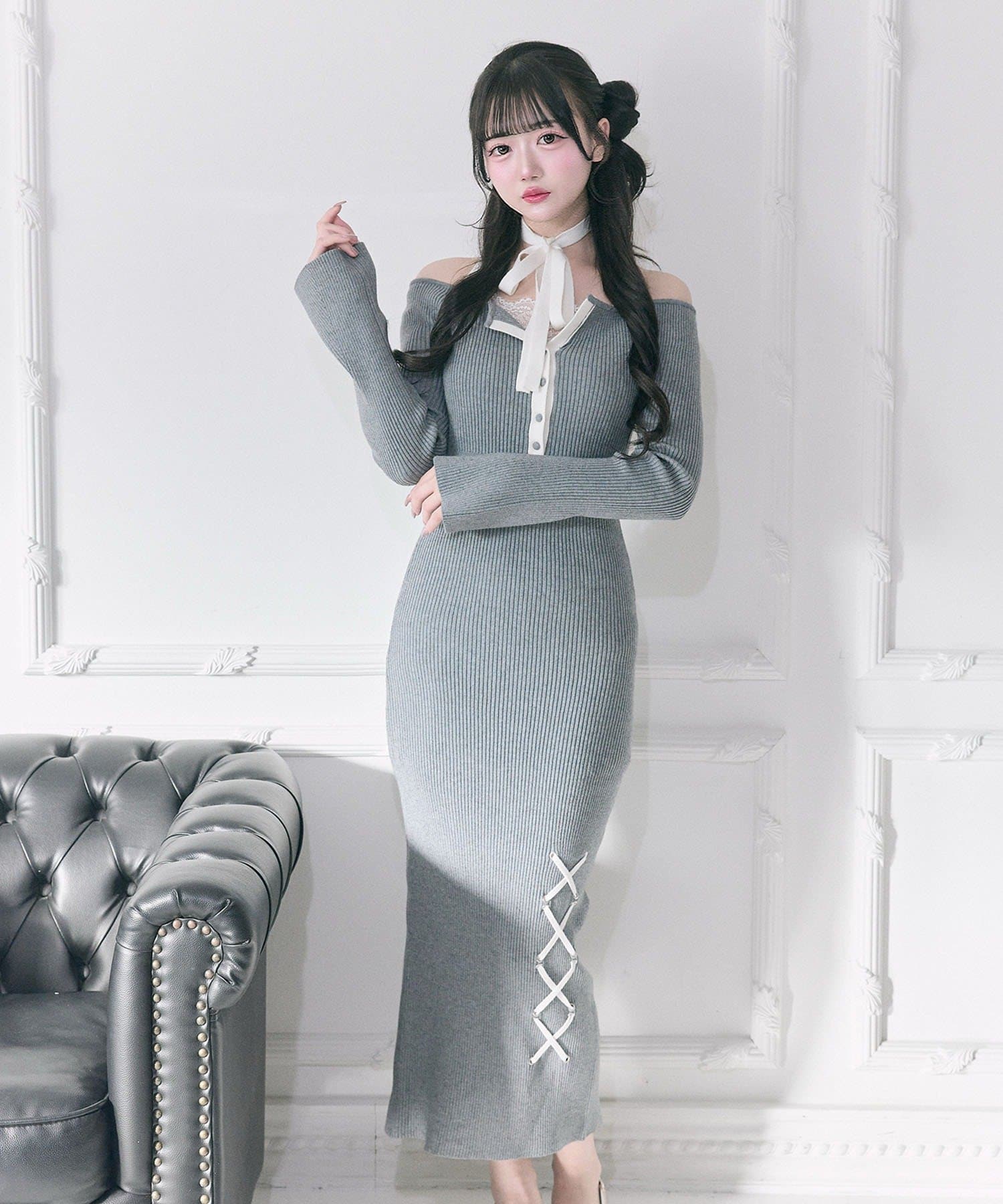 Belle Charme(ベルシャルム) Neck Ribbon Mermaid Knit Onepiece