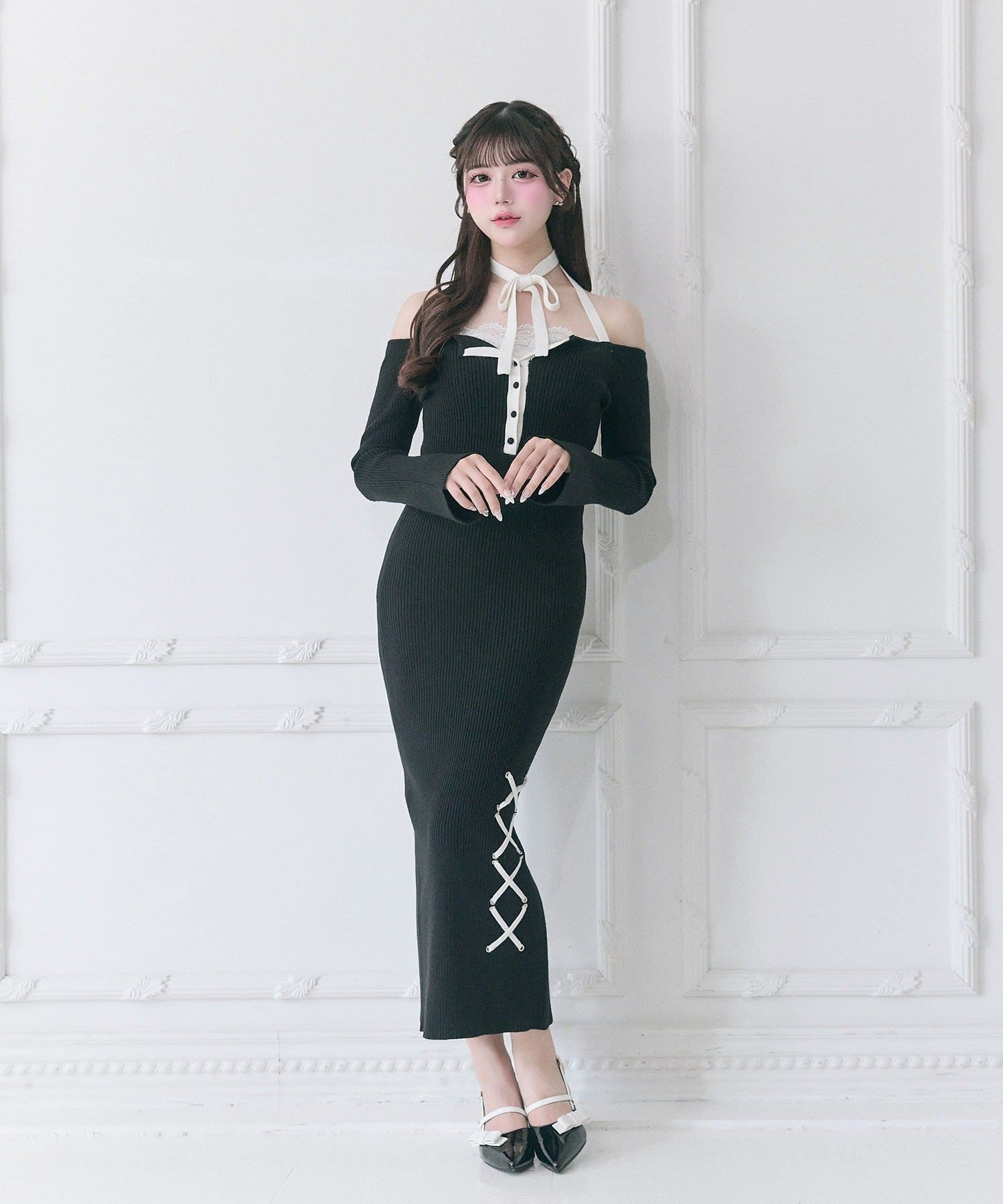 Belle Charme(ベルシャルム) Neck Ribbon Mermaid Knit Onepiece