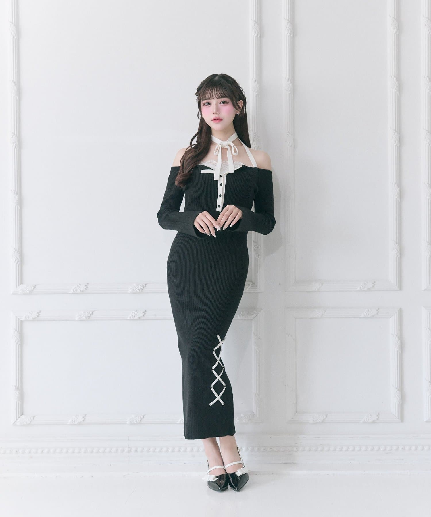 Belle Charme(ベルシャルム) Neck Ribbon Mermaid Knit Onepiece