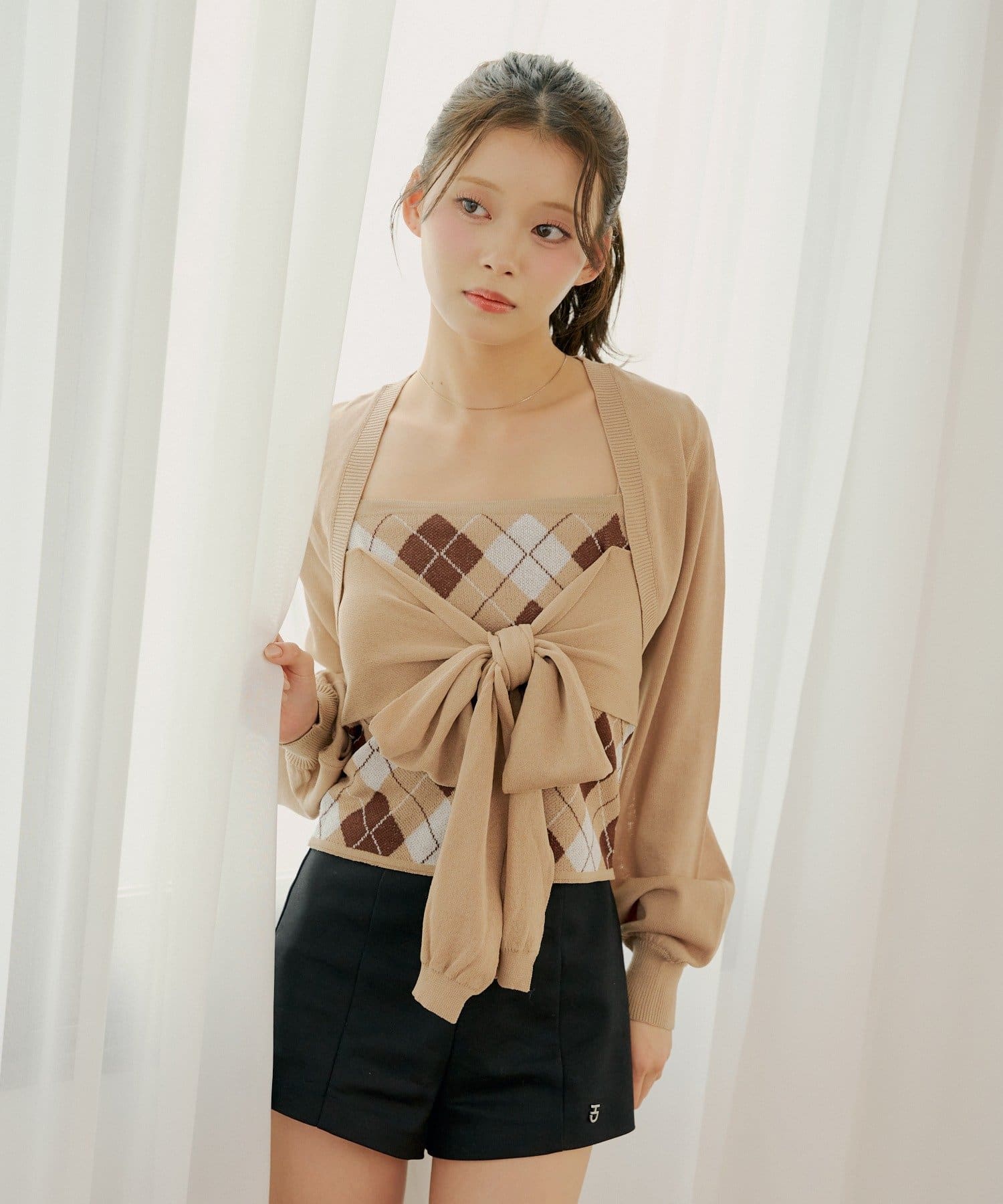 Chico(チコ) アーガイルリボンキャミカーディガンセット