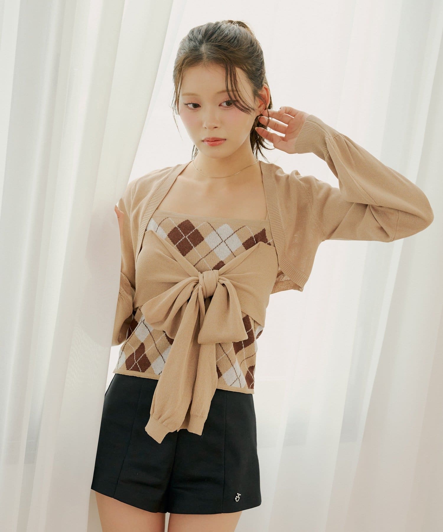 Chico(チコ) アーガイルリボンキャミカーディガンセット