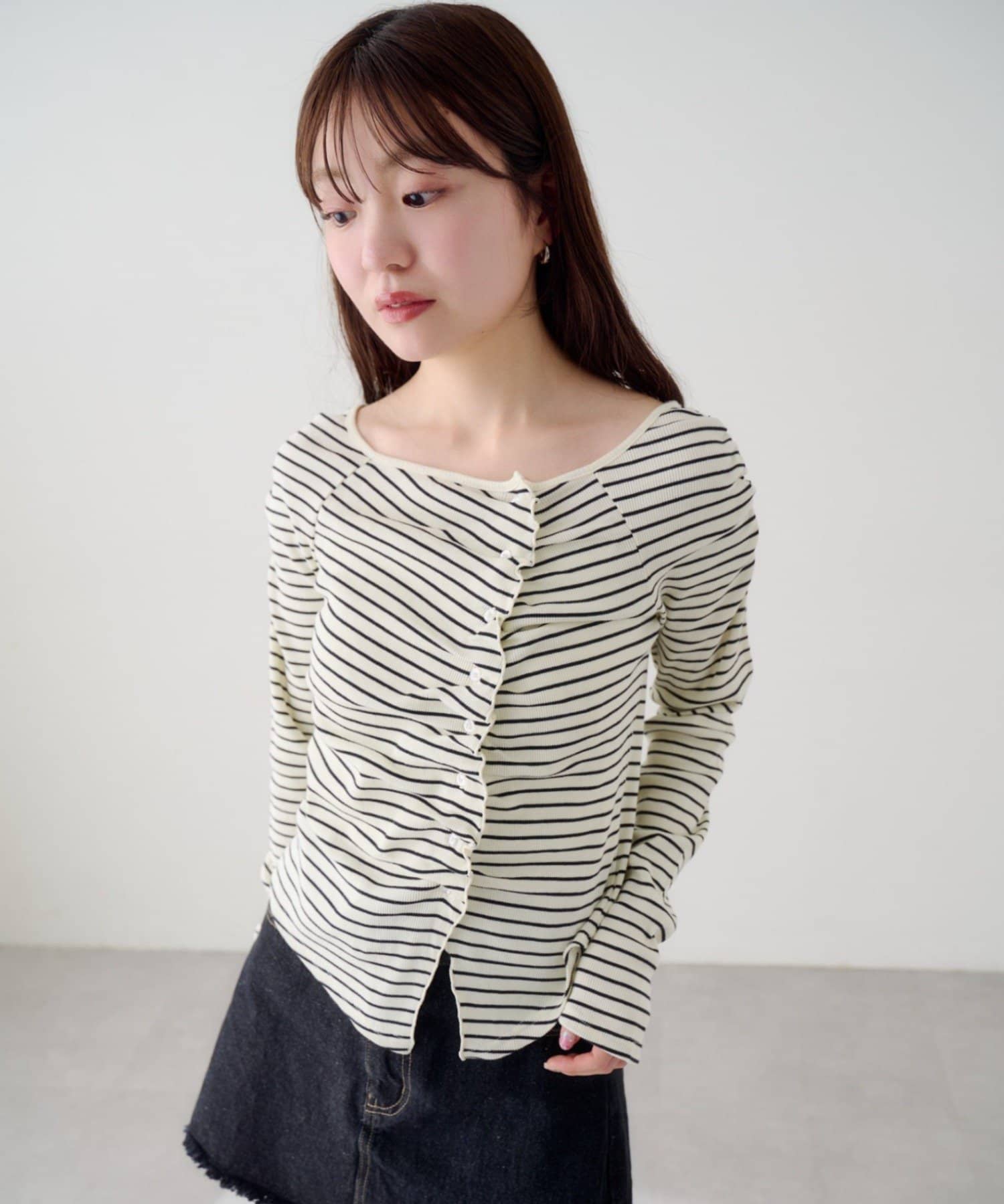 Kastane(カスタネ) 【無地&ボーダー】ギャザーテレコカーディガン