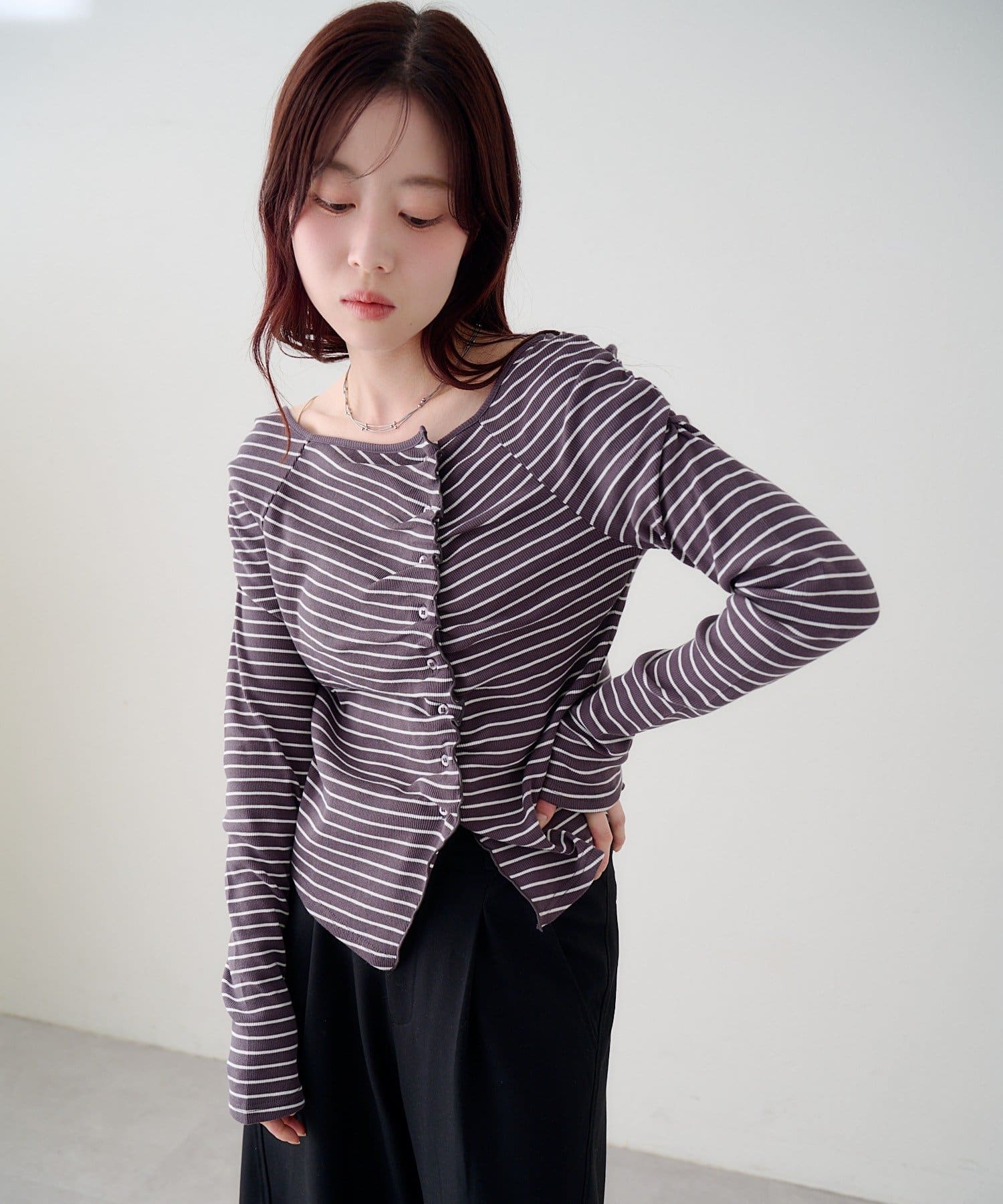 Kastane(カスタネ) 【無地&ボーダー】ギャザーテレコカーディガン