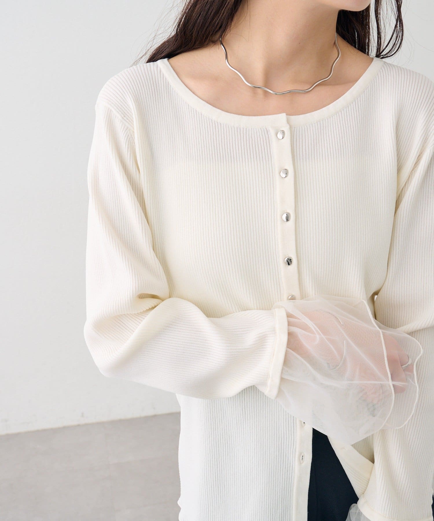 mystic(ミスティック) 袖チュール付きリブカーディガン