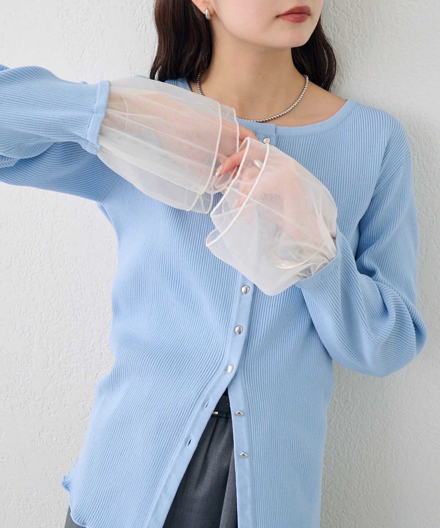 mystic(ミスティック) 袖チュール付きリブカーディガン