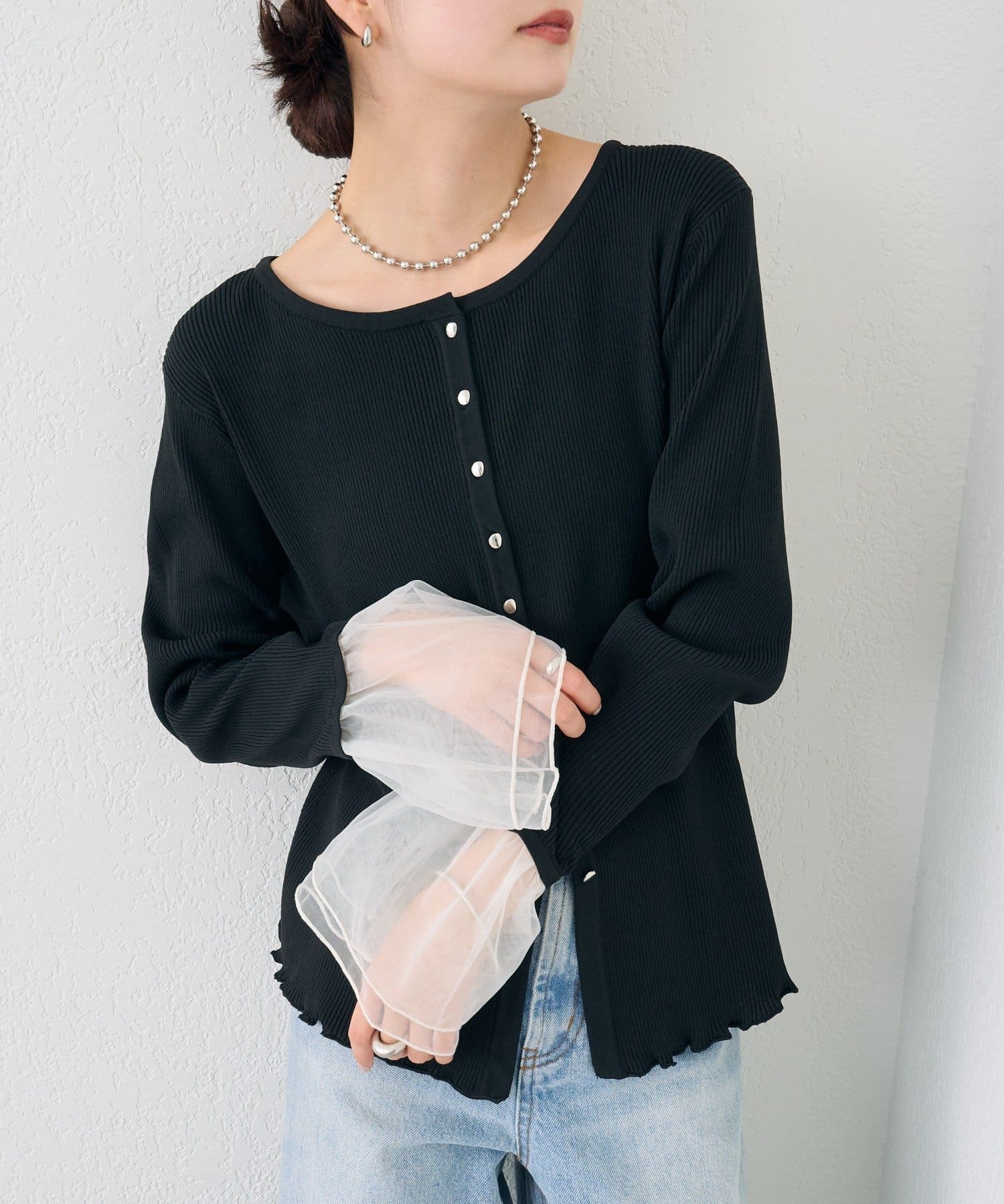 mystic(ミスティック) 袖チュール付きリブカーディガン