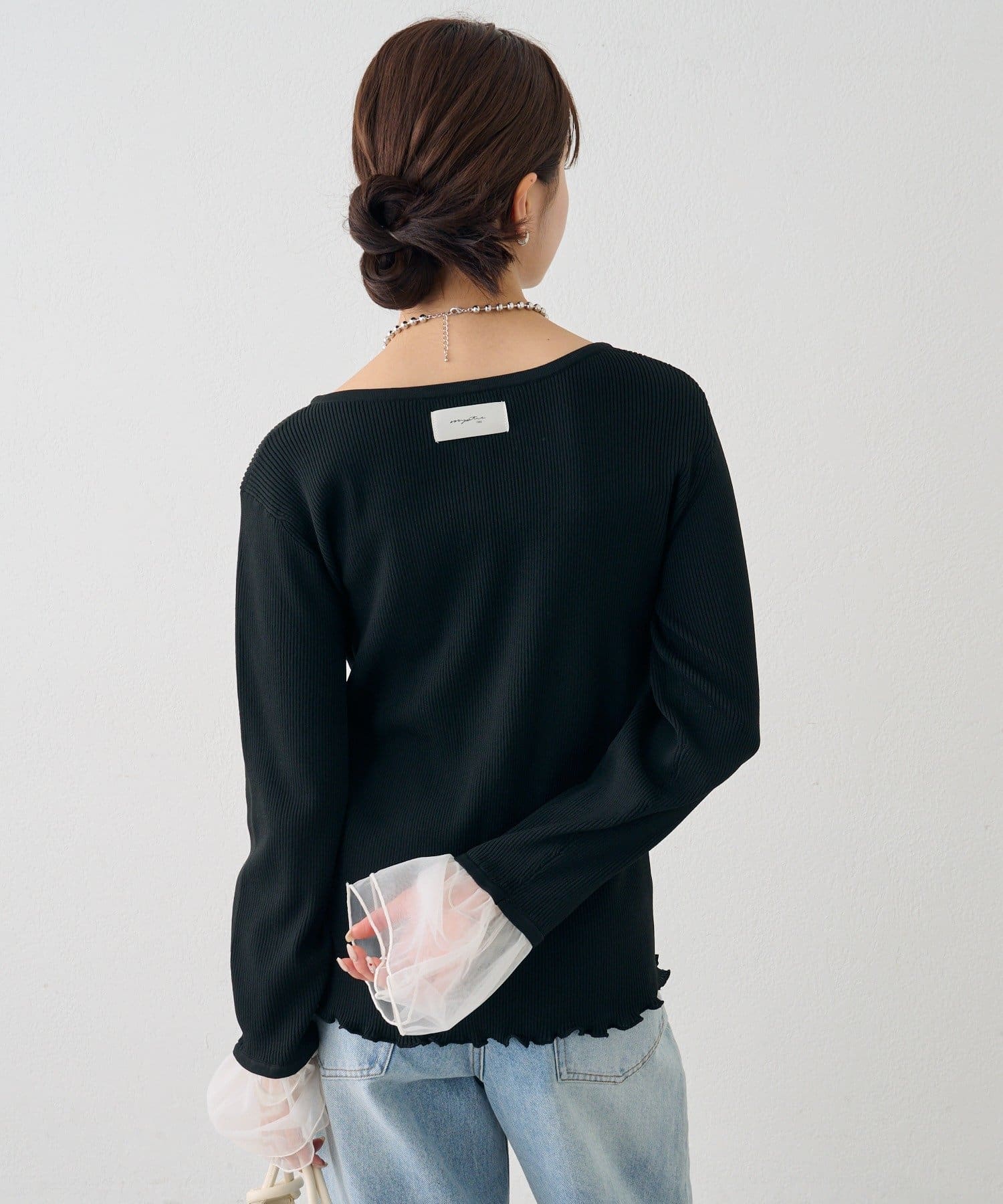 mystic(ミスティック) 袖チュール付きリブカーディガン