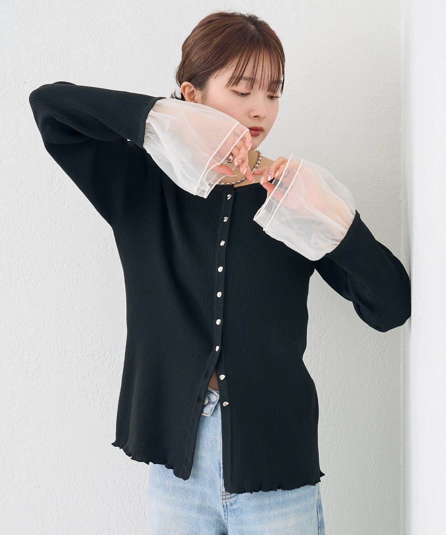 mystic(ミスティック) 袖チュール付きリブカーディガン