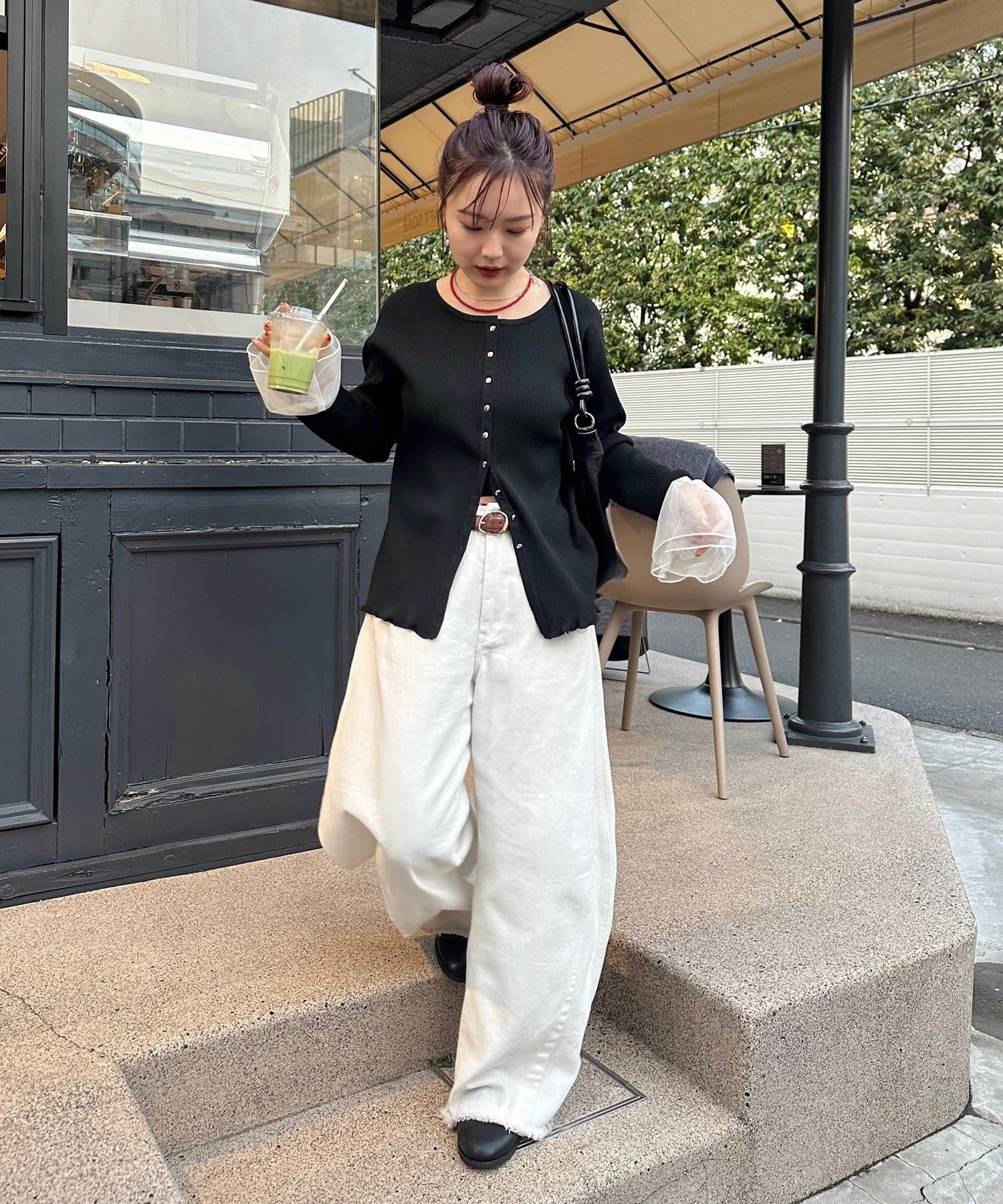 mystic(ミスティック) 袖チュール付きリブカーディガン